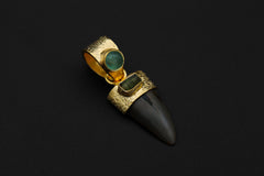 Ancient Megalodon Tooth adorned with Raw Green Tourmaline & Aquamarine Cabochon - Crystal Pendant Neckpiece - Gold Plated 18K - NO/01