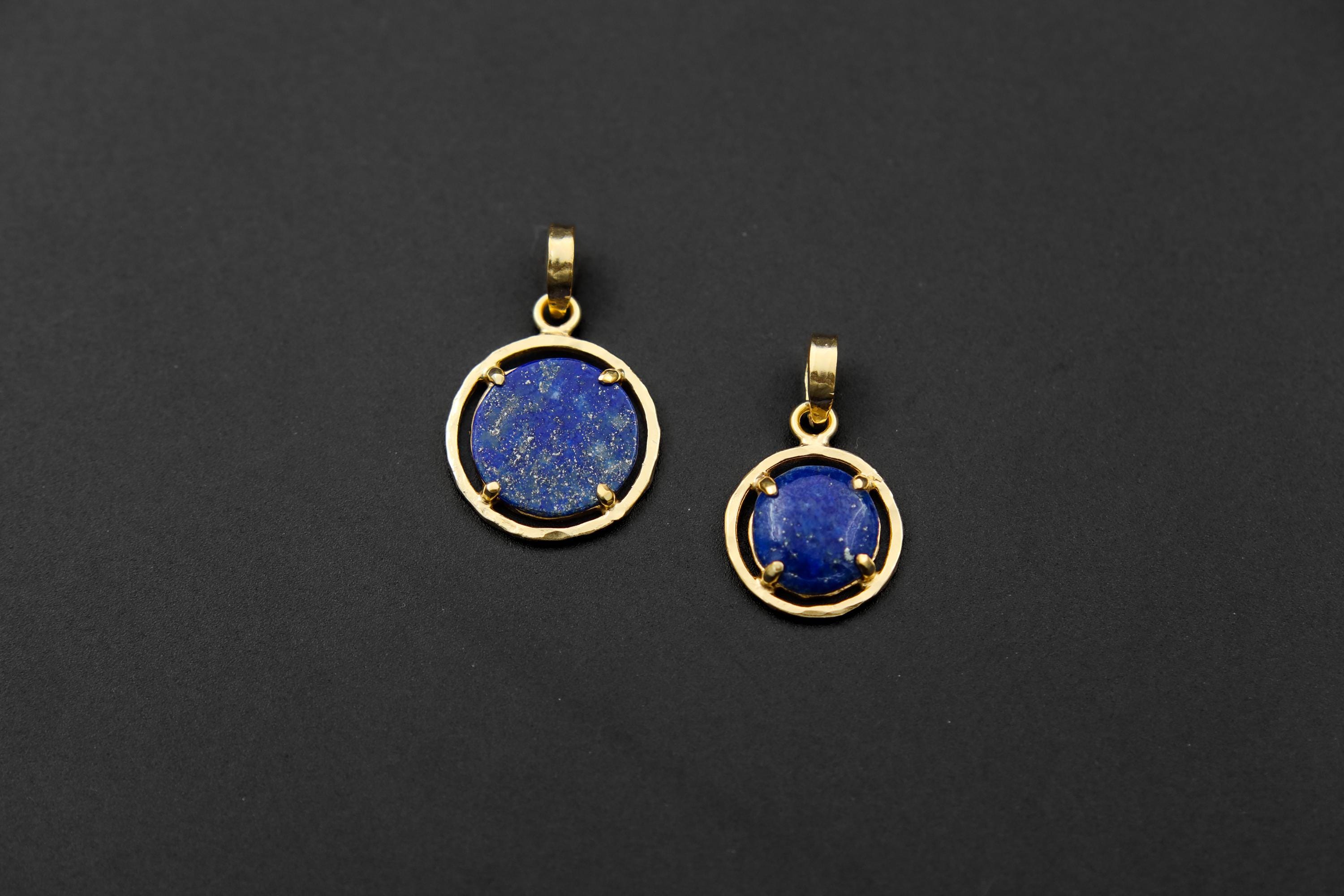 Lapis Lazuli & Pyrite Pendant, Sterling Silver, Claw Setting Hammer Textured 18k Gold Plated Throat Chakra Sagittarius Zodiac Unique Gift