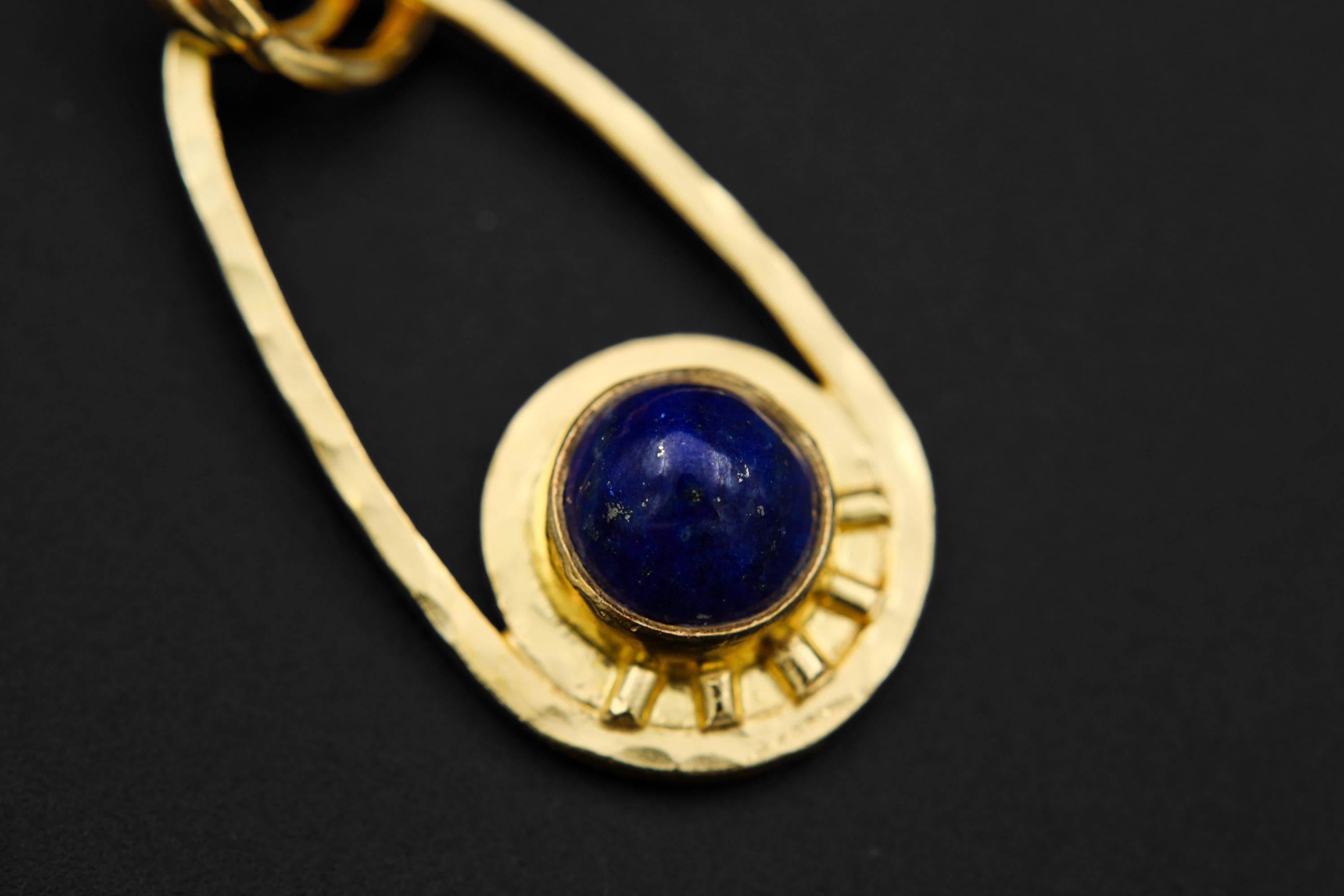 Round Lapis Lazuli Cab Pendant, Textured Sterling Silver, Sun & Moon Design, Throat Chakra, Sagittarius Zodiac, Unique Gift, 18K Gold Plated