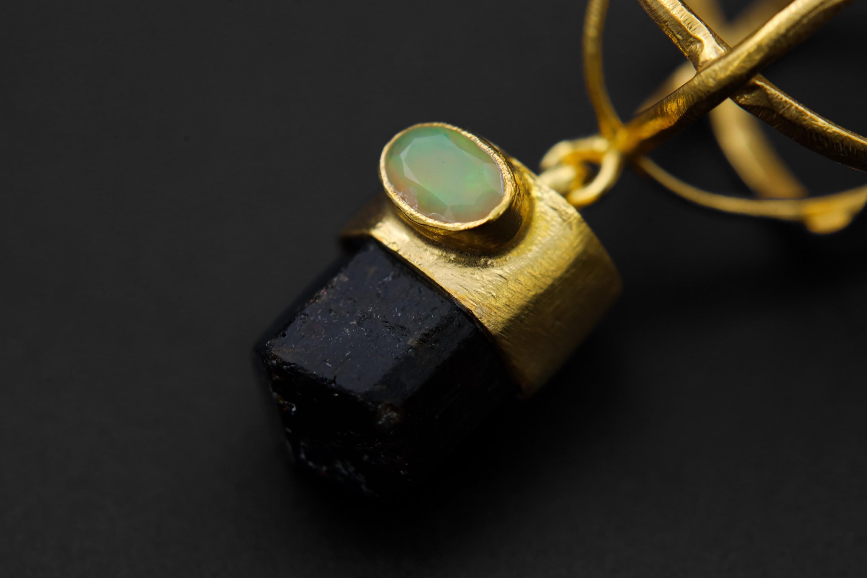 Himalayan Brown Tourmaline & Ethiopian Fiery Rainbow Opal Pendant, 18K Gold-Plated Sterling Silver, Birthstone, Libra Zodiac, Unique Gif