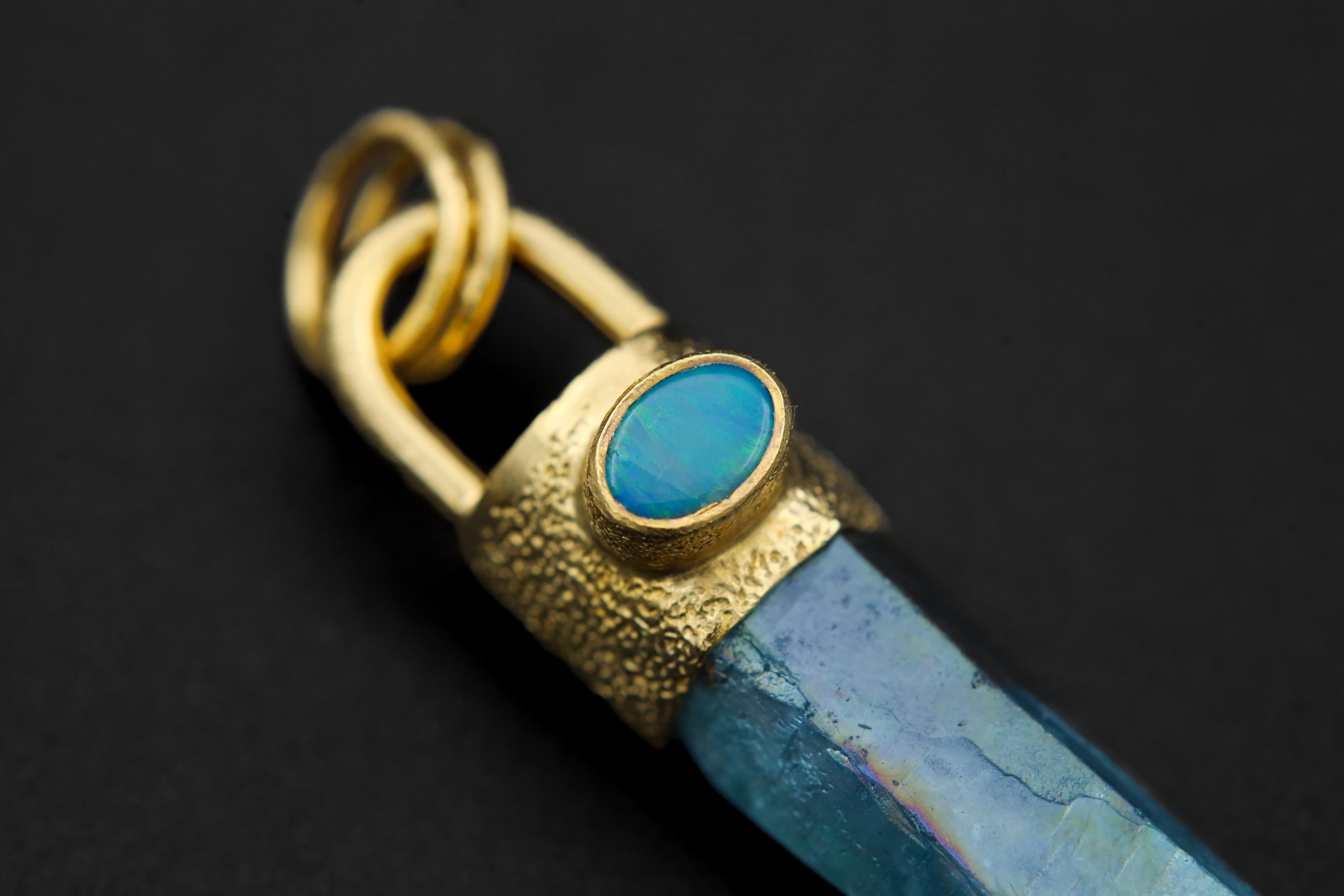 Aqua Aura Quartz & Australian Opal Doublet Pendant, 18K Gold-Plated Sterling Silver, Crown Chakra Jewelry, Unique Gift, Birthstone - NO/05