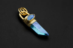 Aqua Aura Twin Quartz & Australian Opal Pendant, 18K Gold-Plated Textured Sterling Silver, Crown Chakra, Leo Zodiac, Unique Gift - NO/01