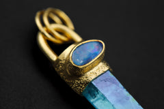 Aqua Aura Twin Quartz & Australian Opal Pendant, 18K Gold-Plated Textured Sterling Silver, Crown Chakra, Leo Zodiac, Unique Gift - NO/01