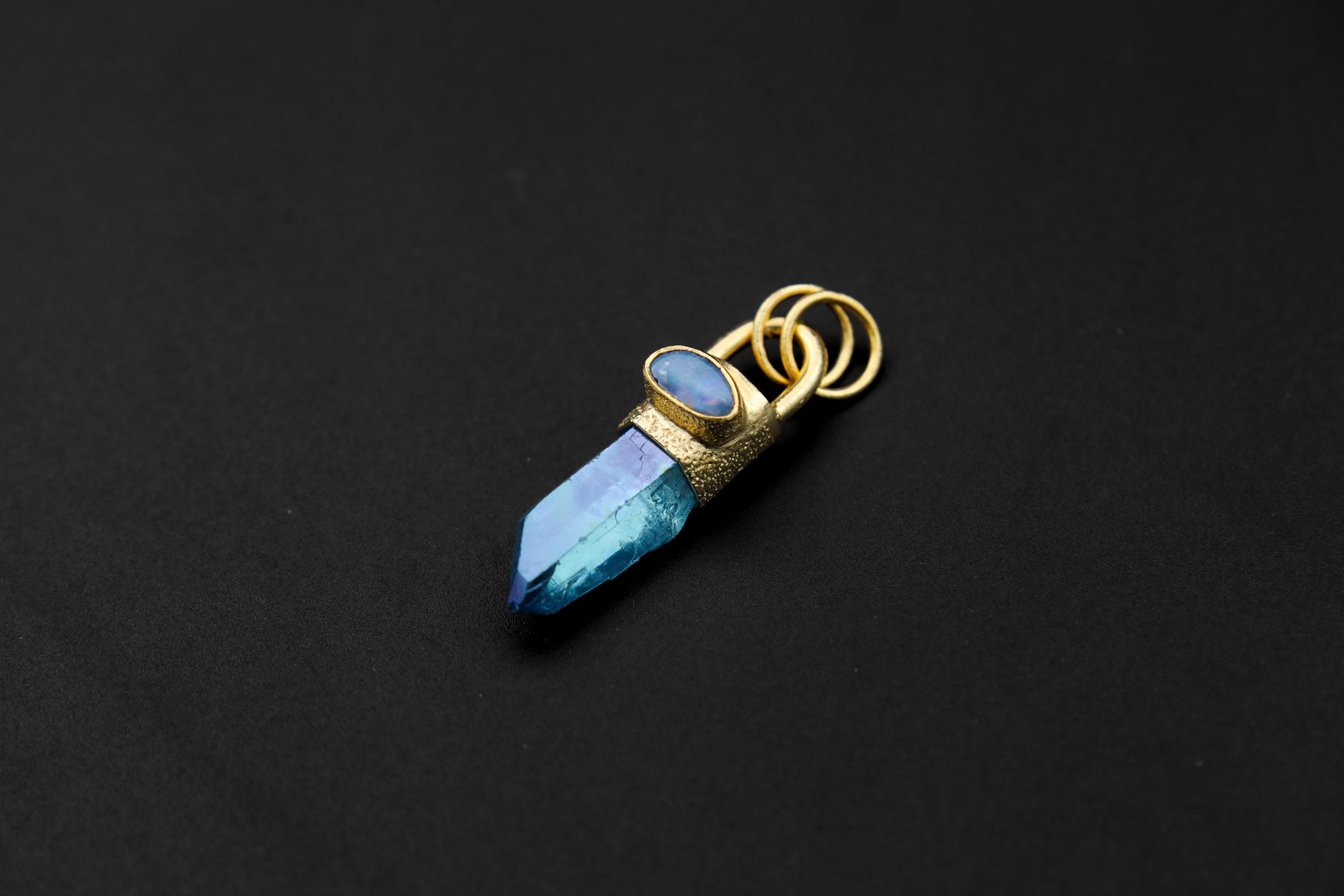 Aqua Aura Twin Quartz & Australian Opal Pendant, 18K Gold-Plated Textured Sterling Silver, Crown Chakra, Leo Zodiac, Unique Gift - NO/01