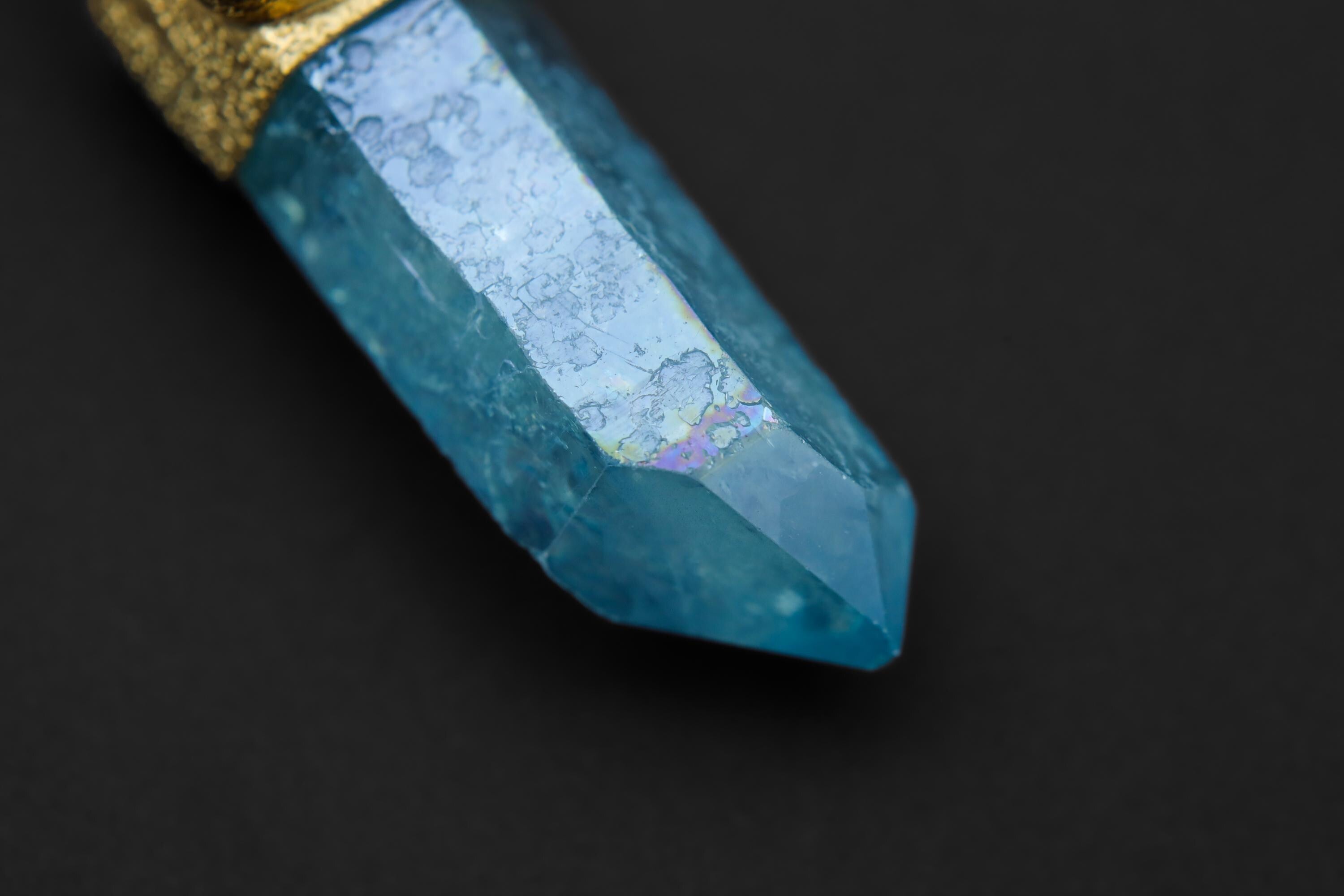 Aqua Aura Twin Quartz & Australian Opal Pendant 18K Gold-Plated Textured Sterling Silver Cancer, Crown Chakra Unique Birthstone Gift - NO/04