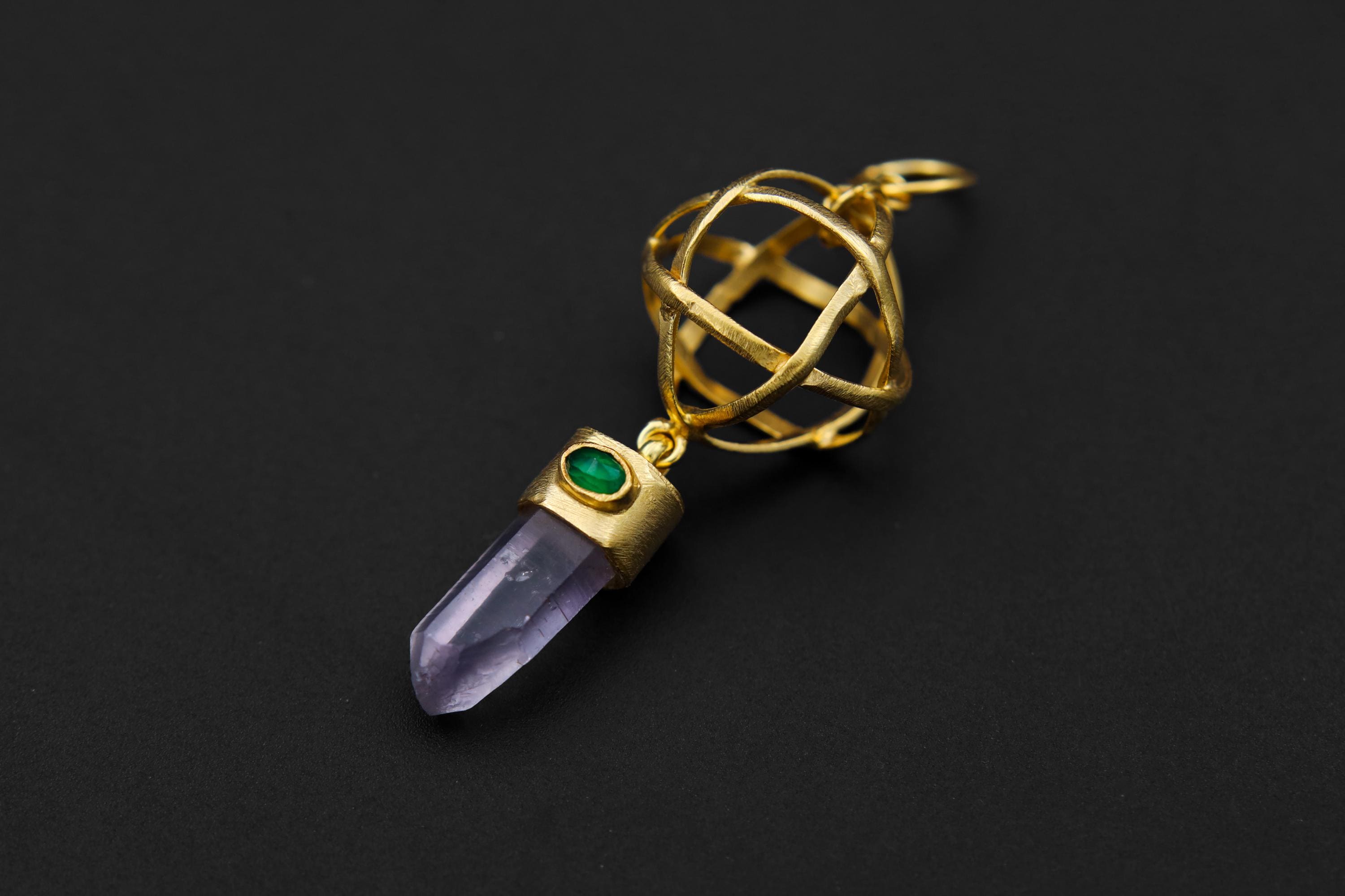 Vera Cruz Amethyst Point and Eye-Shaped Faceted Emerald Pendant, 18k Gold-Plated Sterling Silver, Crown & Heart Chakra, Unique Gift