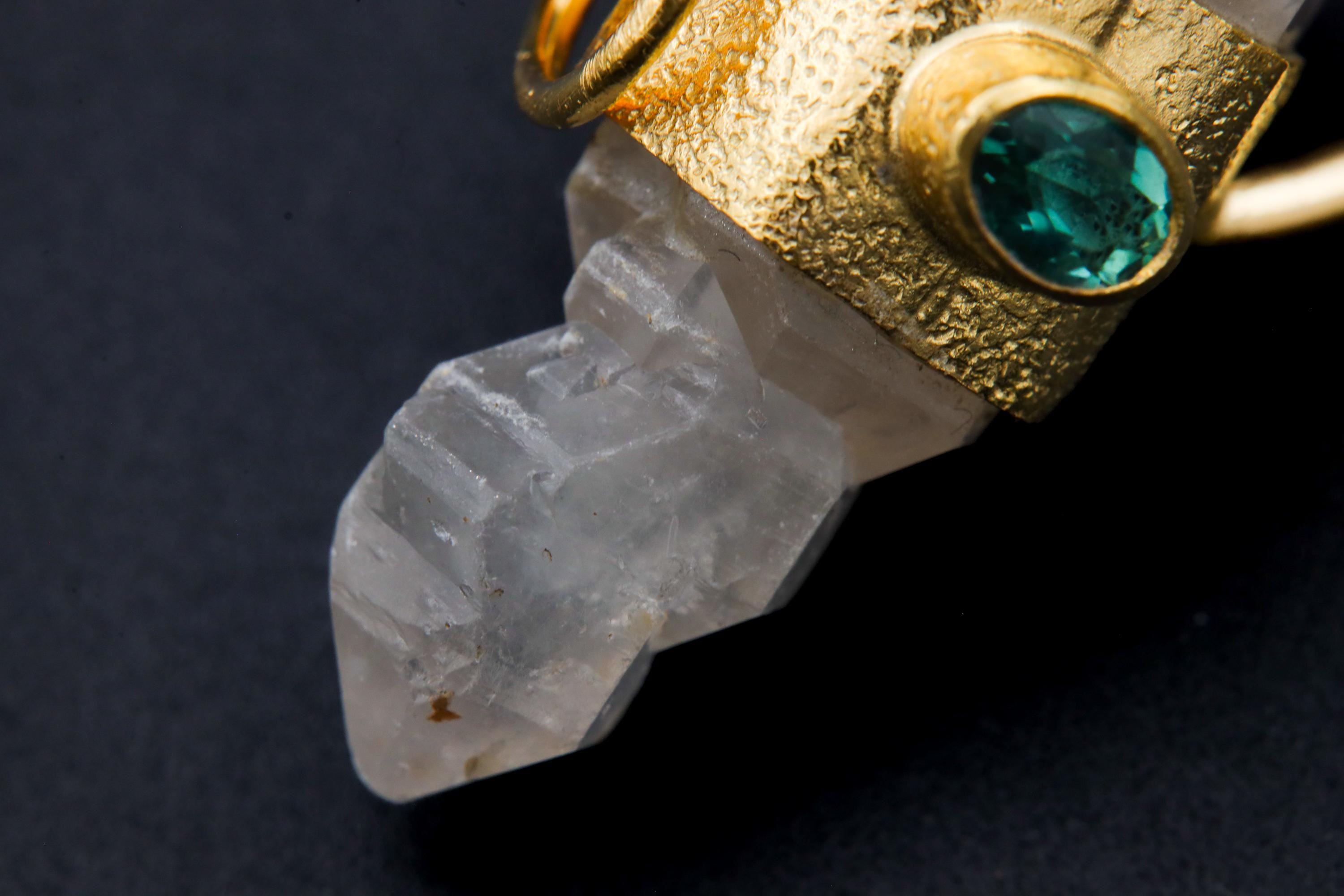 Himalayan Double Terminated Skeletal Quartz & Faceted Emerald Pendant, Sterling Silver Textured, 18K Gold Plated, Virgo Zodiac, Unique Gift