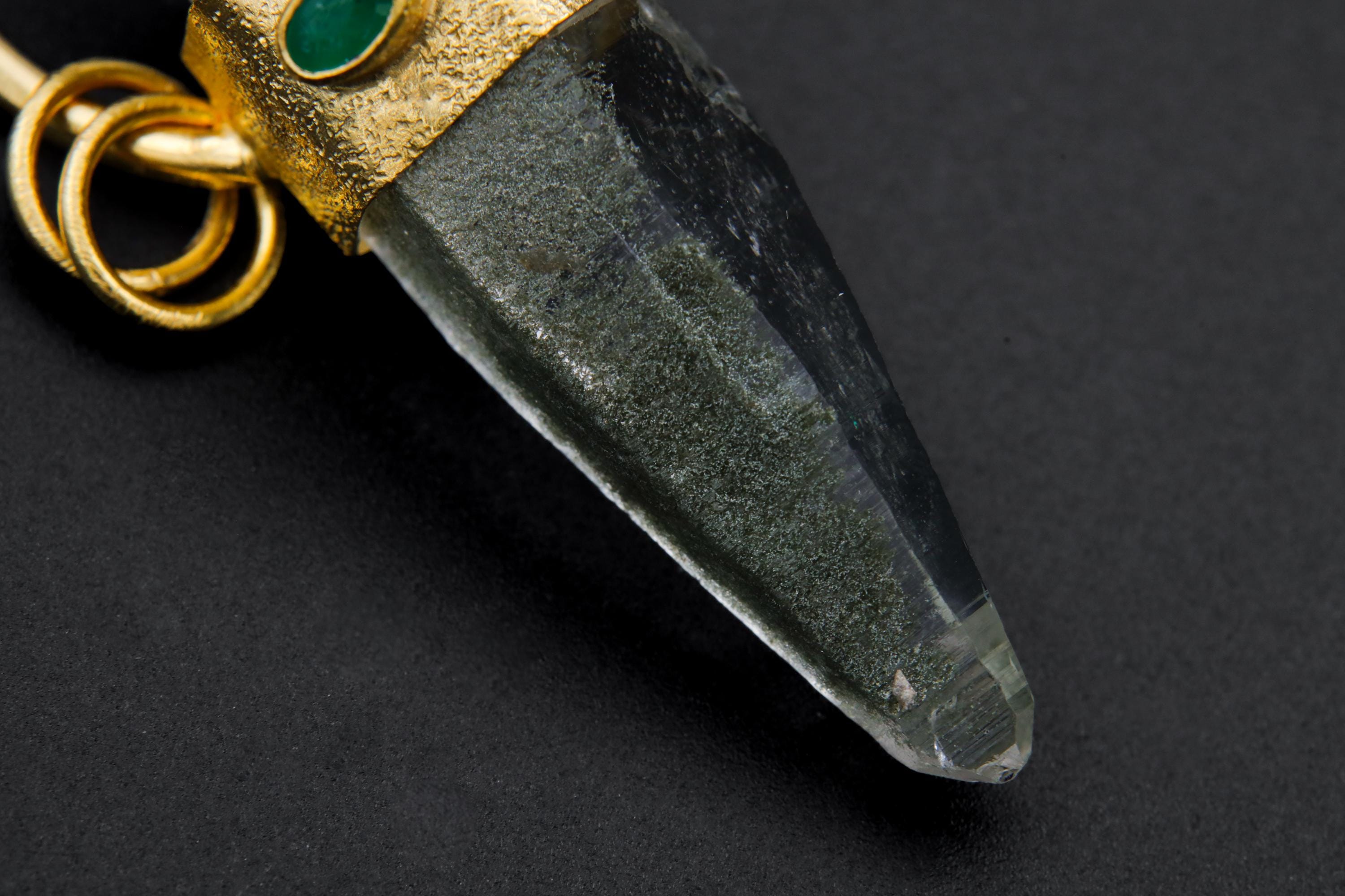 Self-Healed Lemurian Chlorite Quartz & Emerald Pendant, Sterling Silver Textured, Virgo Zodiac, Heart Chakra, Unique Gift, 18K Gold Plated