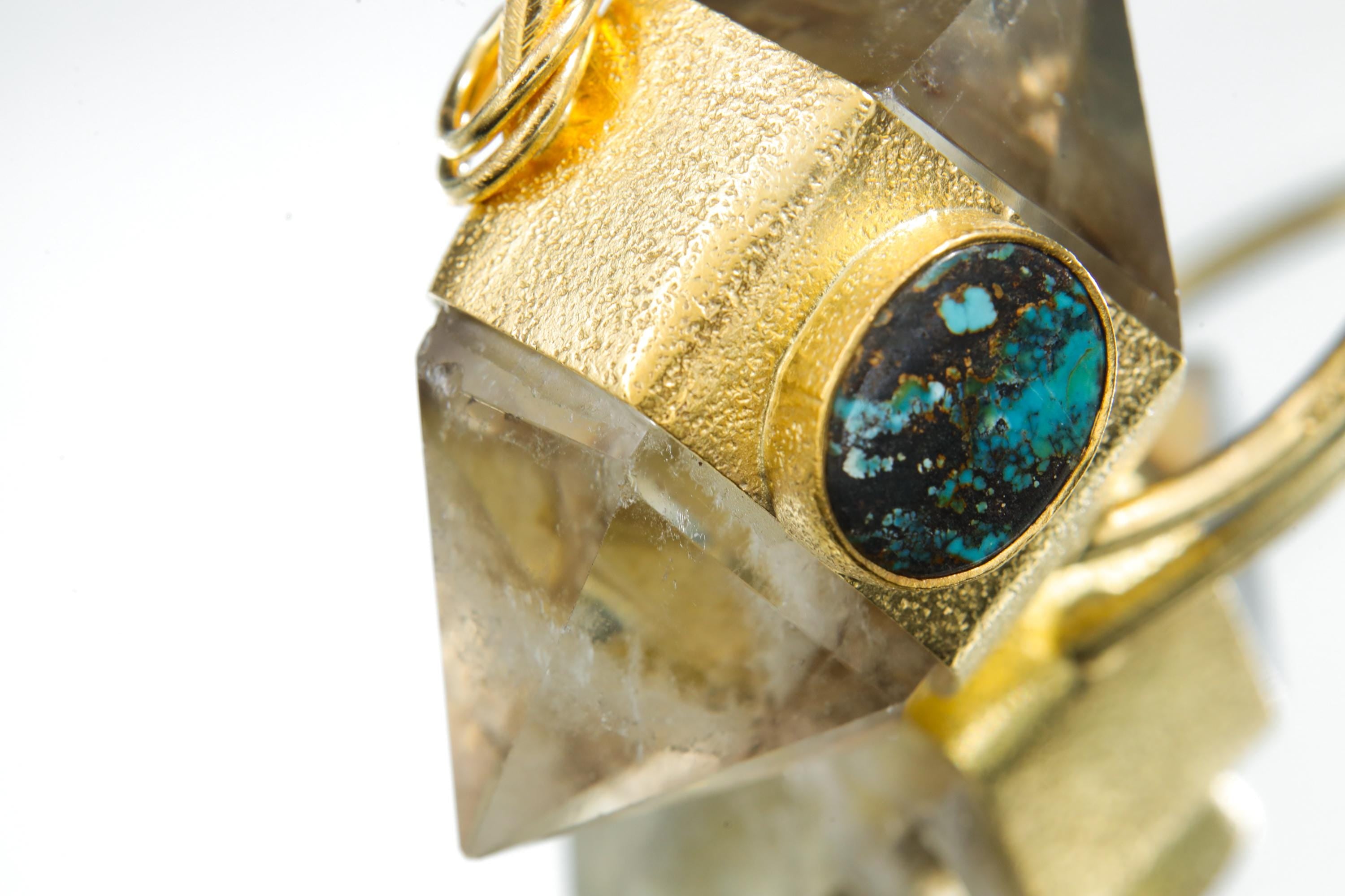 Cut Double Terminated Citrine Generator Quartz & Two Oval Tibetan Turquoise Pendant, Sterling Silver Textured, 18K Gold Plated, Unique Gift