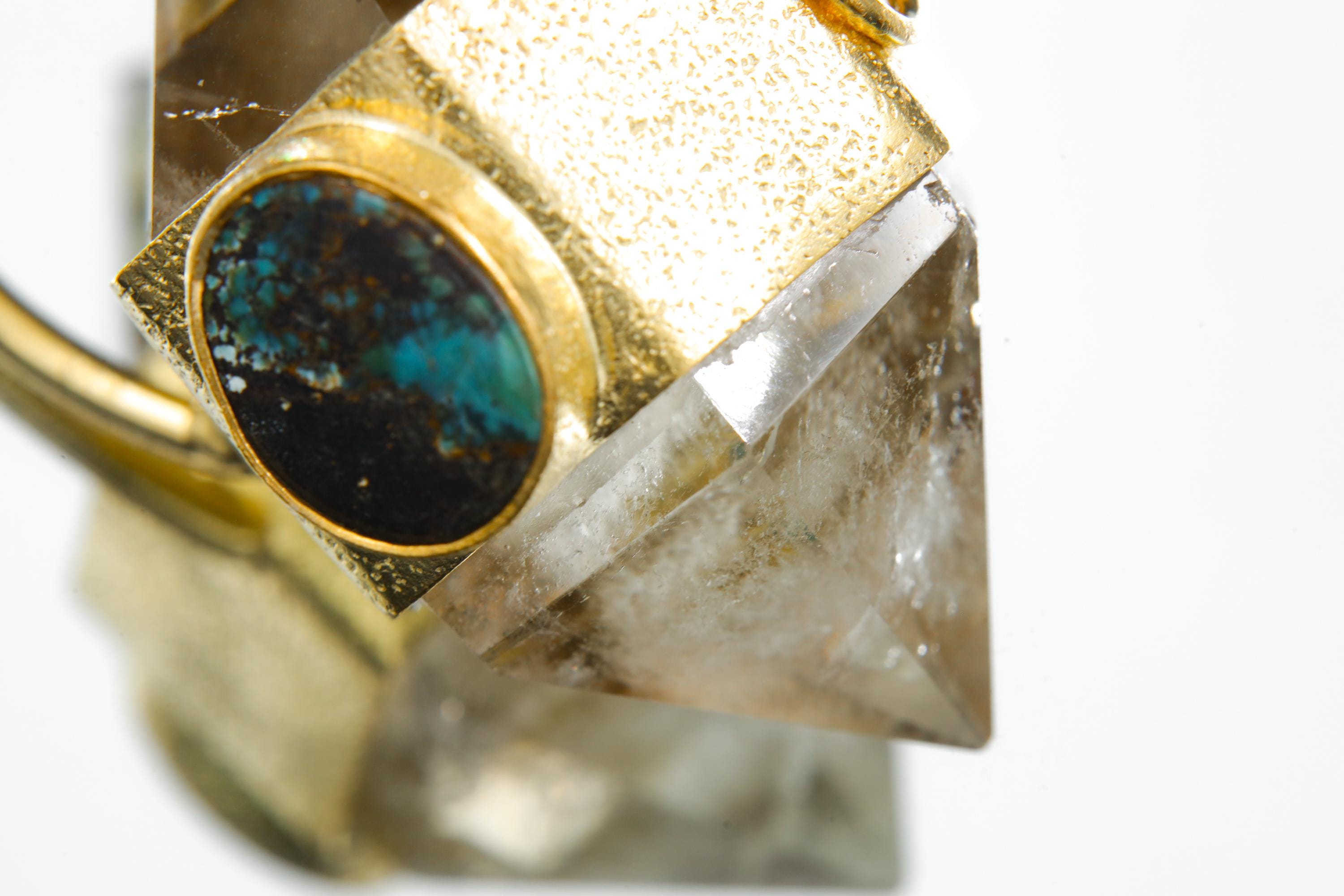 Cut Double Terminated Citrine Generator Quartz & Two Oval Tibetan Turquoise Pendant, Sterling Silver Textured, 18K Gold Plated, Unique Gift