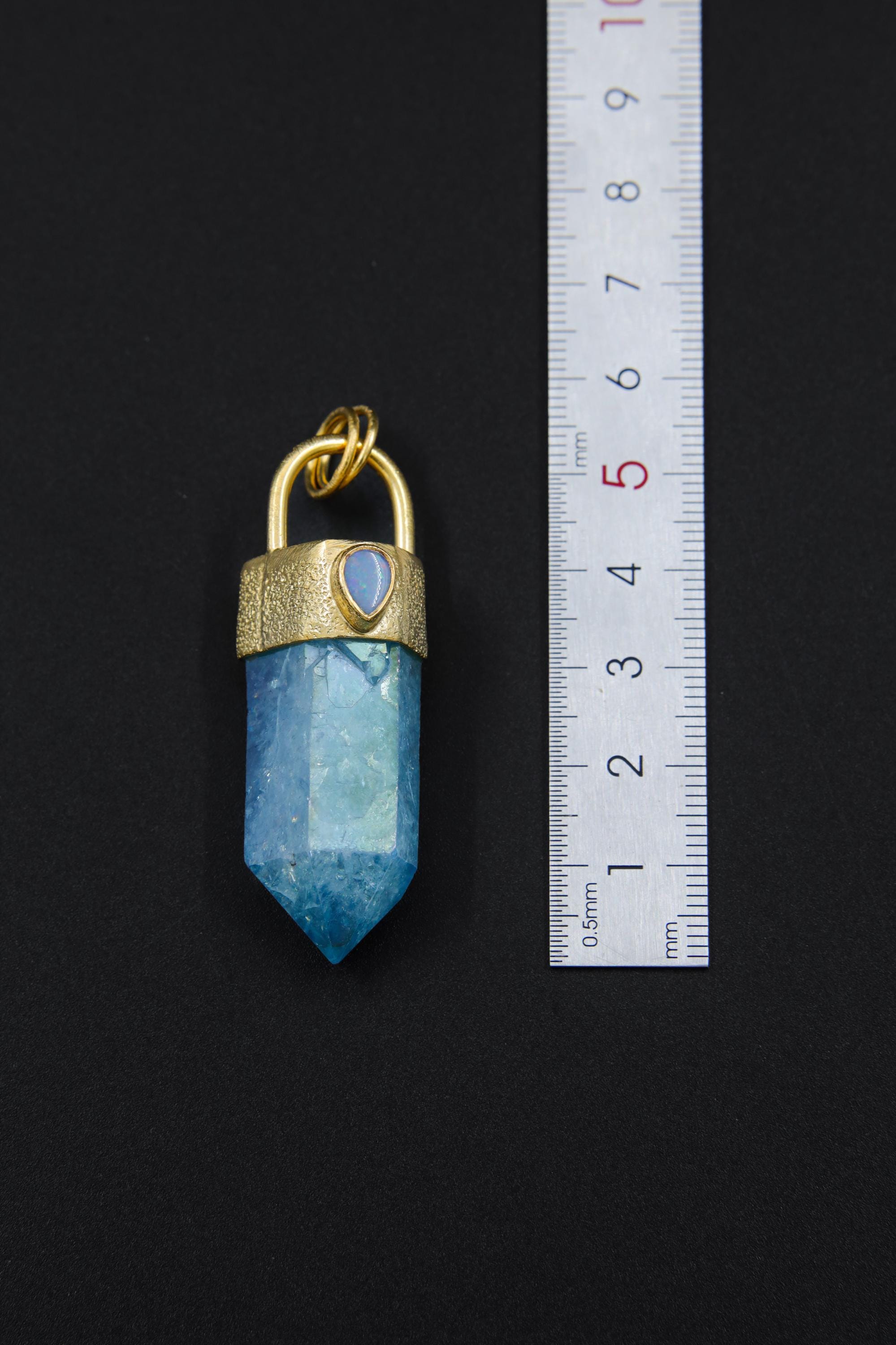 Australian Opal & Aqua Aura Twin Quartz Pendant, 18K Gold-Plated Textured Sterling Silver, Crown Chakra, Pisces, Birthstone Gift - NO/03