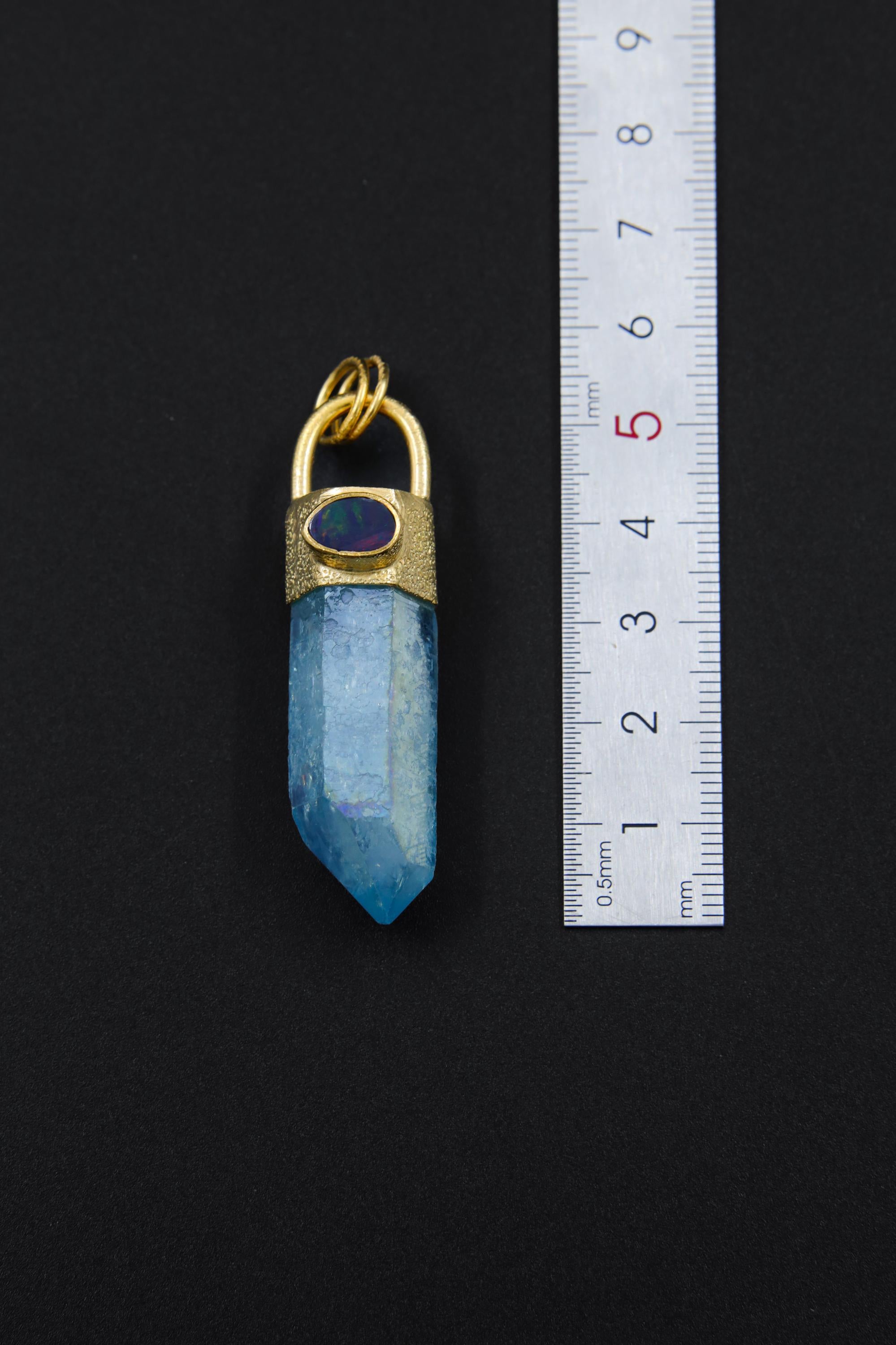 Aqua Aura Twin Quartz & Australian Opal Pendant 18K Gold-Plated Textured Sterling Silver Cancer, Crown Chakra Unique Birthstone Gift - NO/04