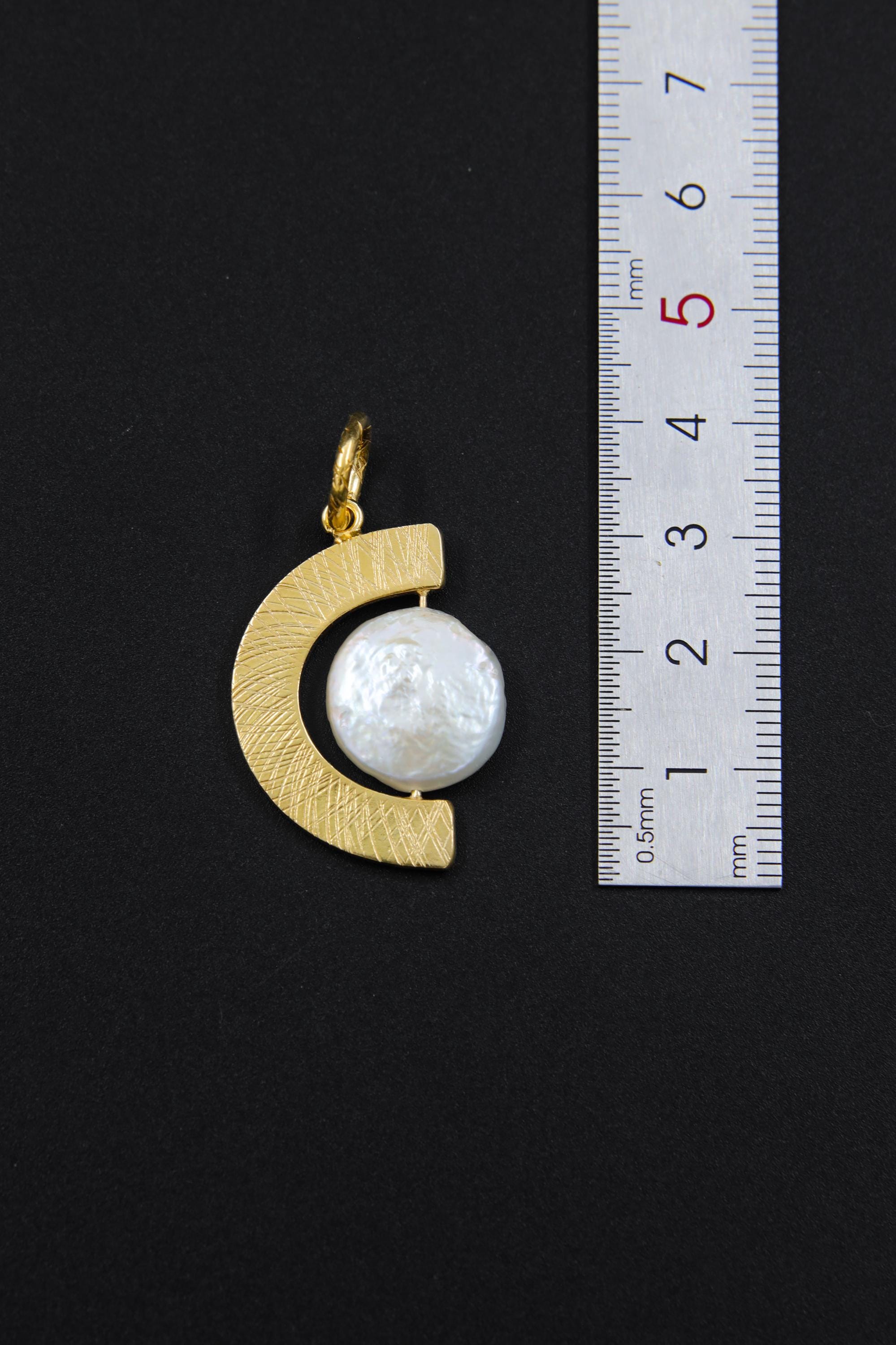 Circular Big Pearl Spinning Pendant Necklace, Sterling Silver, Textured, Crown Chakra, Cancer Zodiac, Wisdom & Purity, 18k Gold Plated