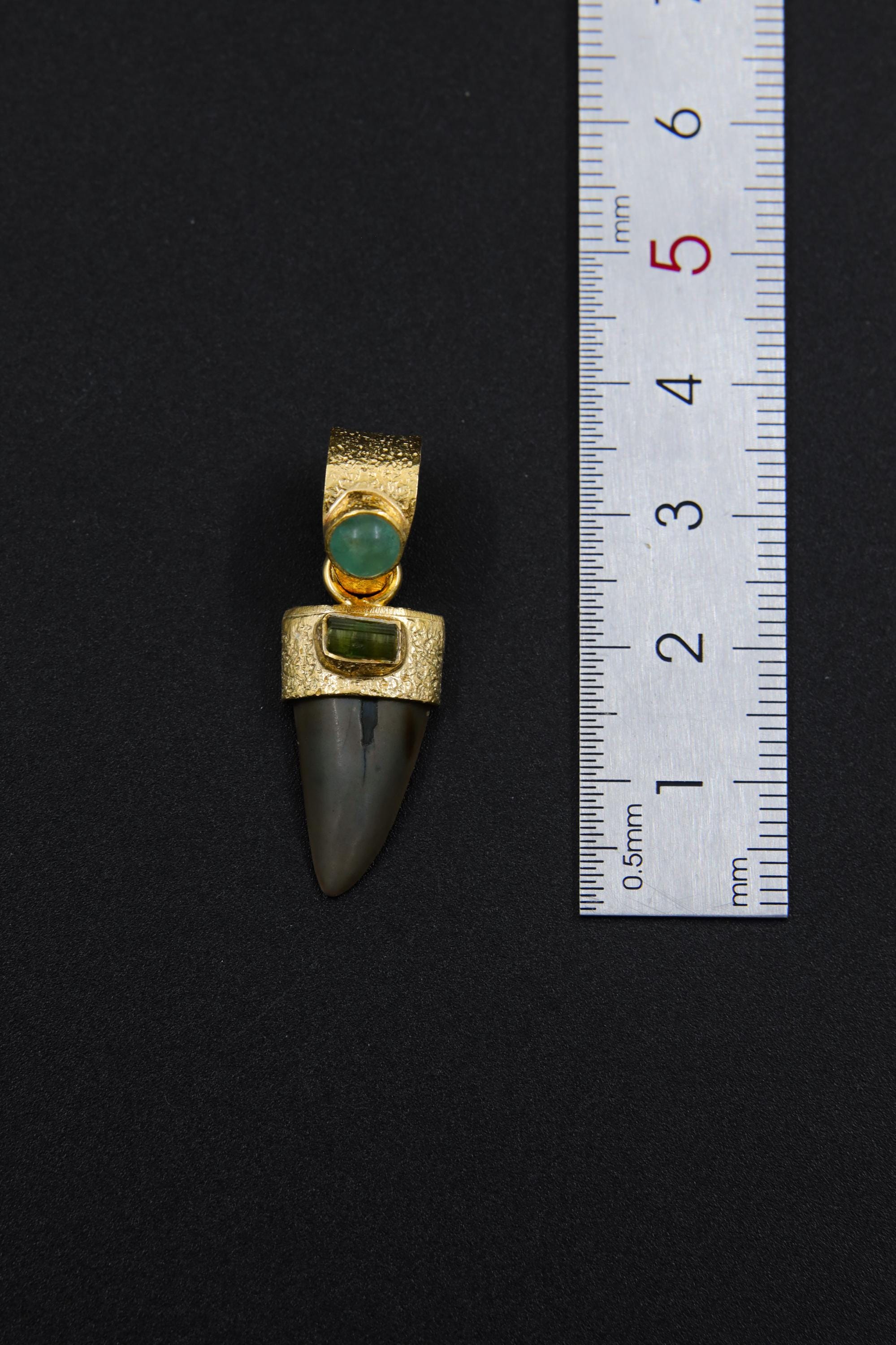 Ancient Megalodon Tooth adorned with Raw Green Tourmaline & Aquamarine Cabochon - Crystal Pendant Neckpiece - Gold Plated 18K - NO/01