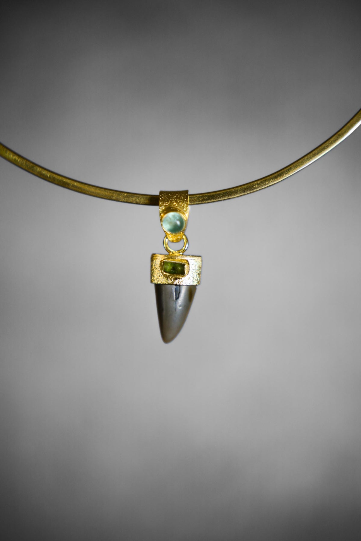 Ancient Megalodon Tooth adorned with Raw Green Tourmaline & Aquamarine Cabochon - Crystal Pendant Neckpiece - Gold Plated 18K - NO/01