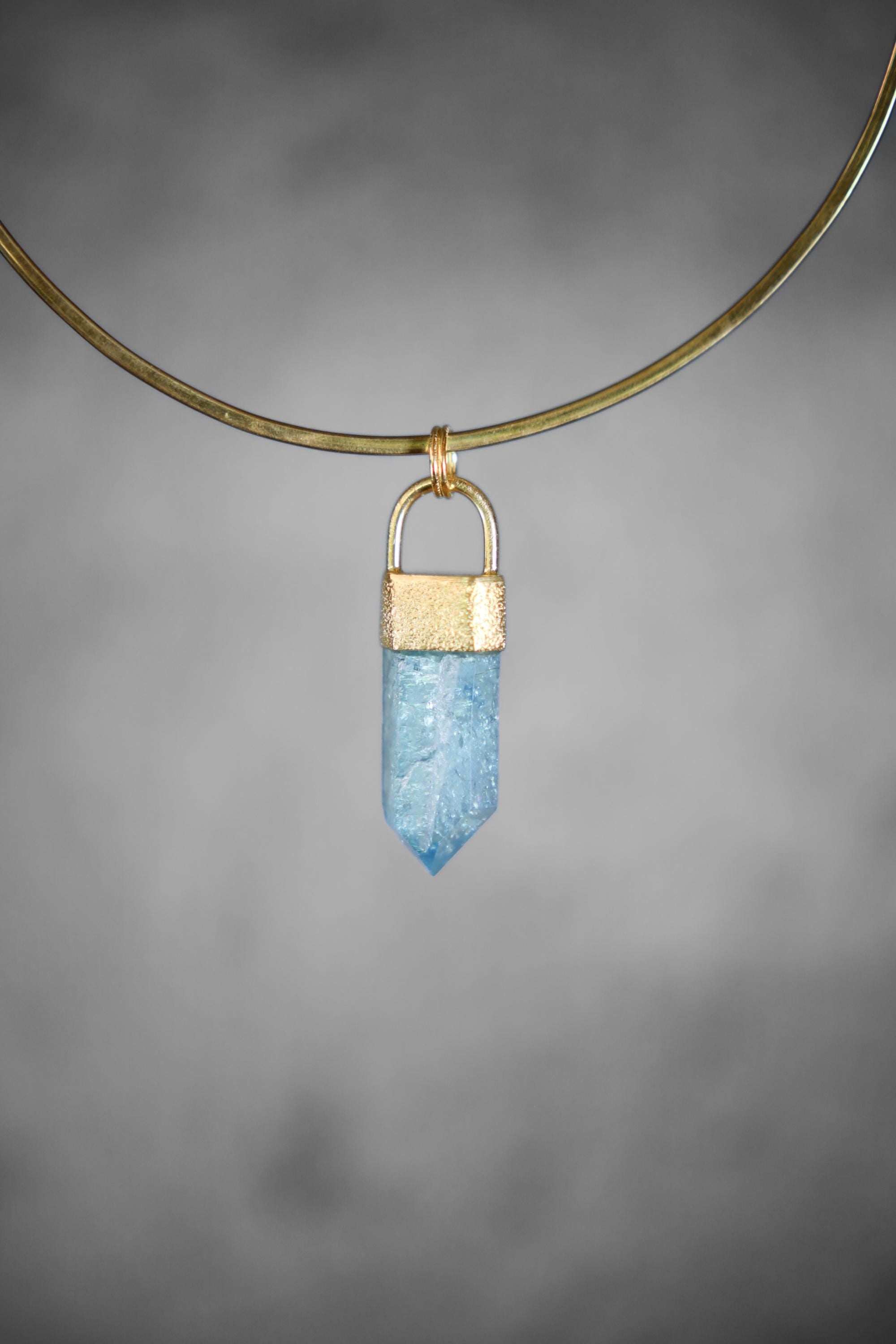 Australian Opal & Aqua Aura Twin Quartz Pendant, 18K Gold-Plated Textured Sterling Silver, Crown Chakra, Pisces, Birthstone Gift - NO/03