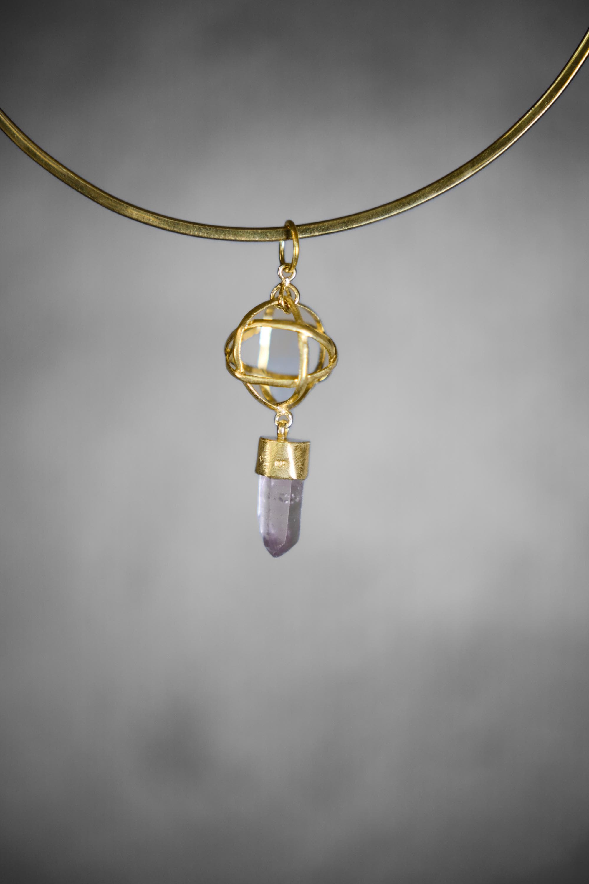 Vera Cruz Amethyst Point and Eye-Shaped Faceted Emerald Pendant, 18k Gold-Plated Sterling Silver, Crown & Heart Chakra, Unique Gift