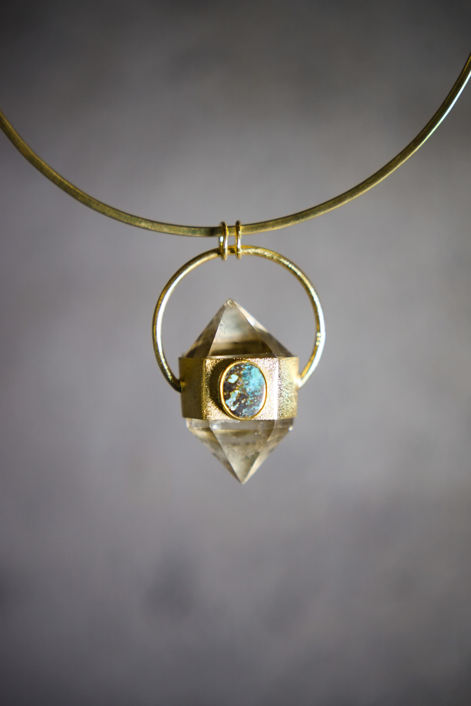 Cut Double Terminated Citrine Generator Quartz & Two Oval Tibetan Turquoise Pendant, Sterling Silver Textured, 18K Gold Plated, Unique Gift