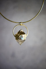 Cut Double Terminated Citrine Generator Quartz & Two Oval Tibetan Turquoise Pendant, Sterling Silver Textured, 18K Gold Plated, Unique Gift