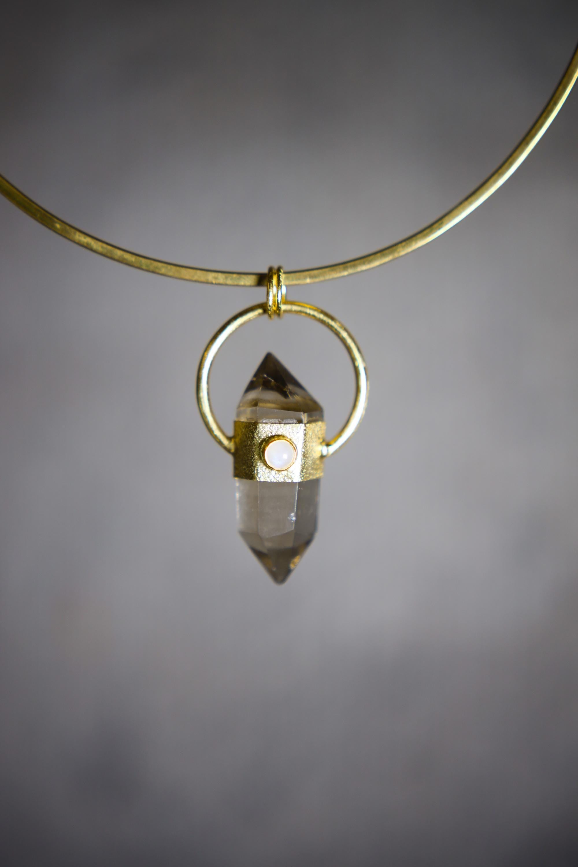 Cut Double Terminated Citrine Generator Quartz & Moonstone Pendant, Sterling Silver Textured 18k Gold Plated Sagittarius Zodiac, Unique Gift