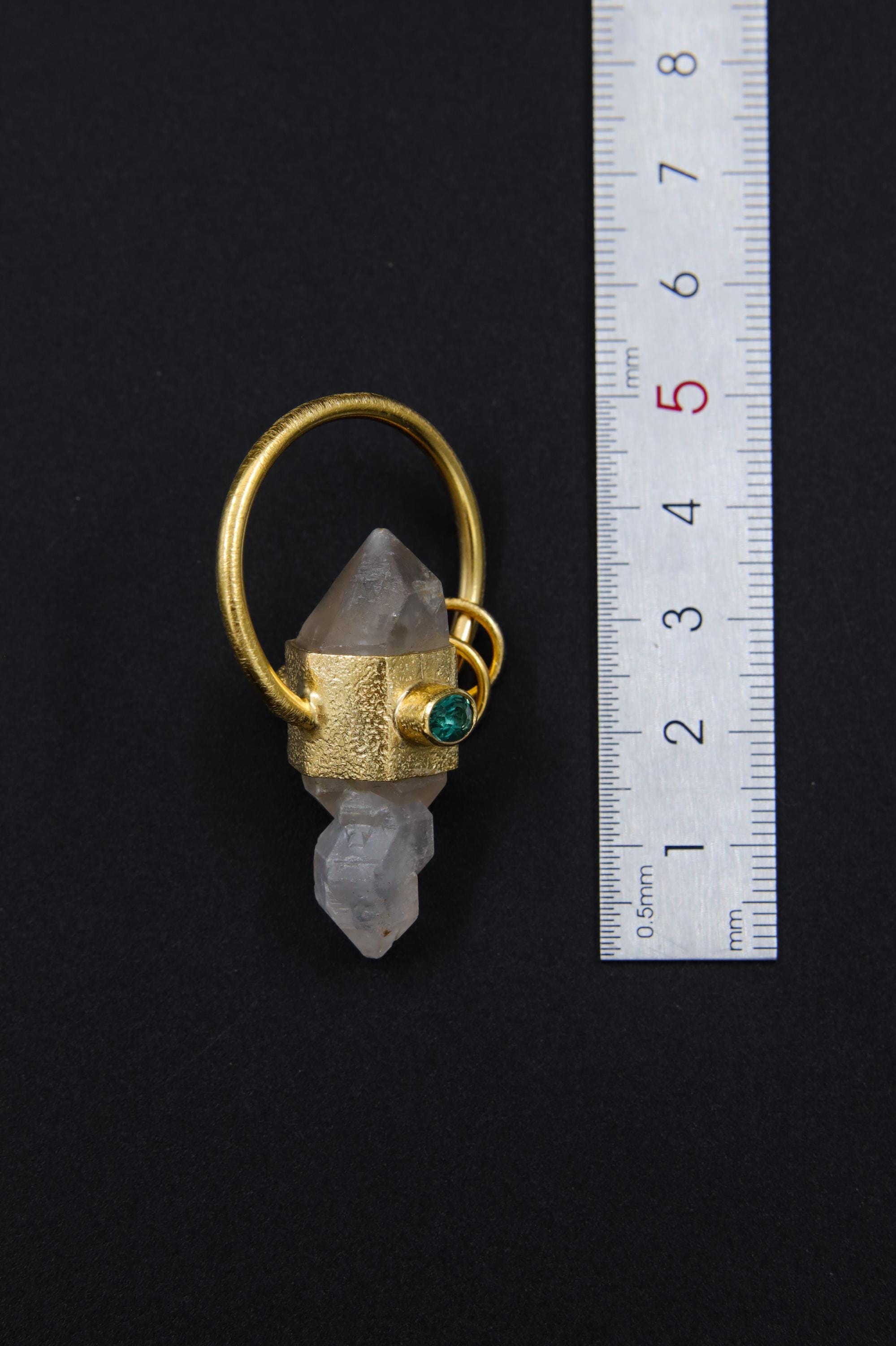 Himalayan Double Terminated Skeletal Quartz & Faceted Emerald Pendant, Sterling Silver Textured, 18K Gold Plated, Virgo Zodiac, Unique Gift