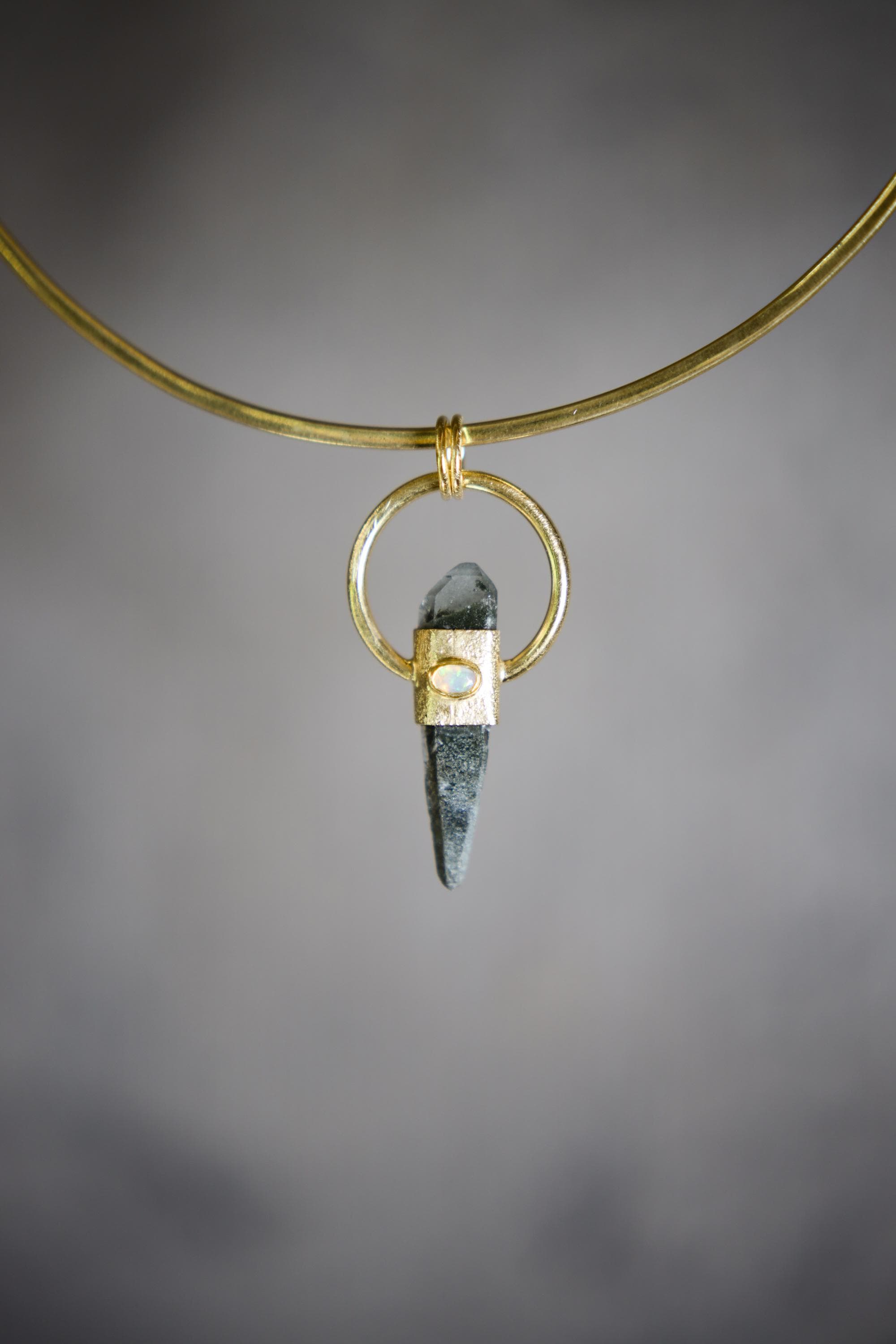 Double Terminated Himalayan Chlorite Quartz & Faceted Opal Pendant, Sterling Silver Textured, 18K Gold Plated, Spiritual Growth, Unique Gift