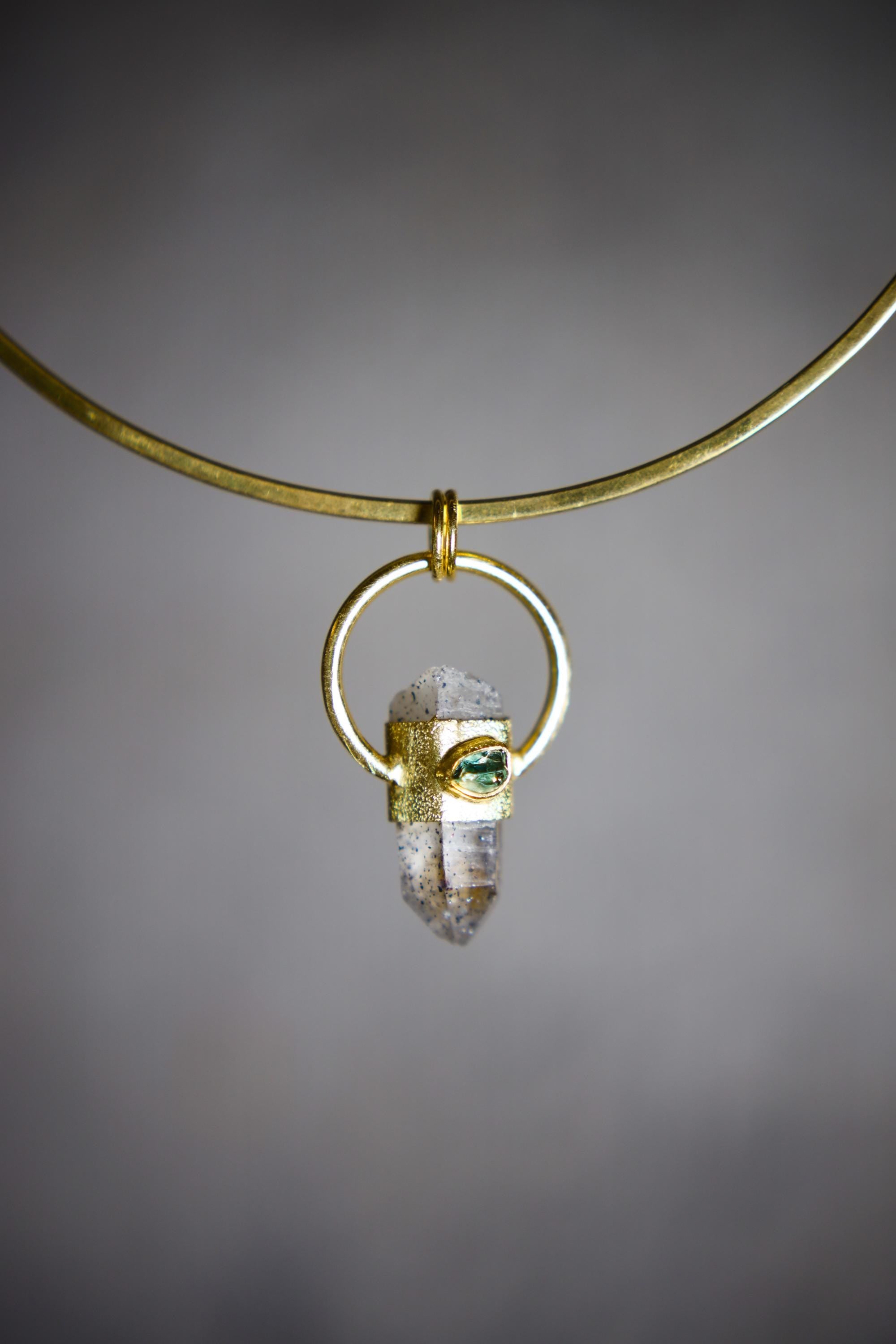 Lithium Strawberry Phantom Quartz, Sapphire & Emerald Pendant, 18K Gold-Plated Sterling Silver Textured, Virgo and Libra Zodiac, Unique Gift