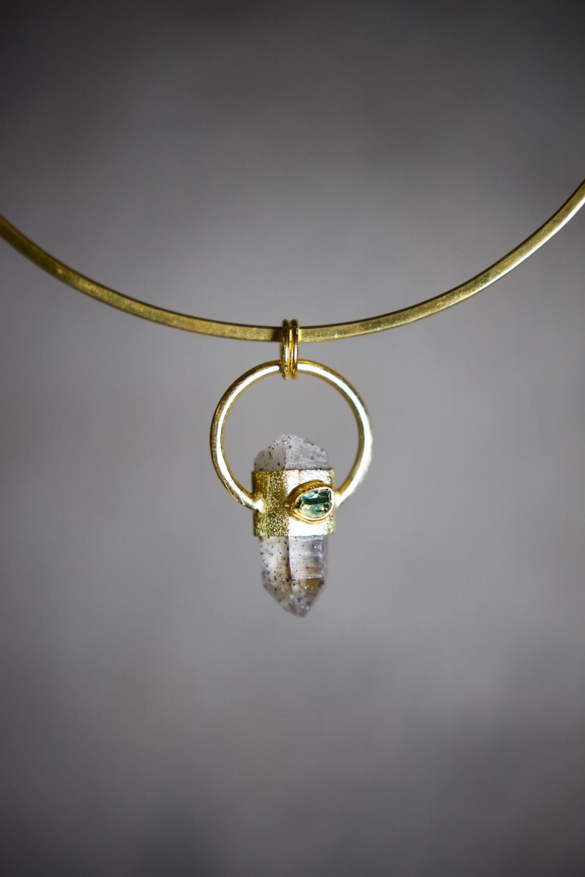 Lithium Strawberry Phantom Quartz, Sapphire & Emerald Pendant, 18K Gold-Plated Sterling Silver Textured, Virgo and Libra Zodiac, Unique Gift