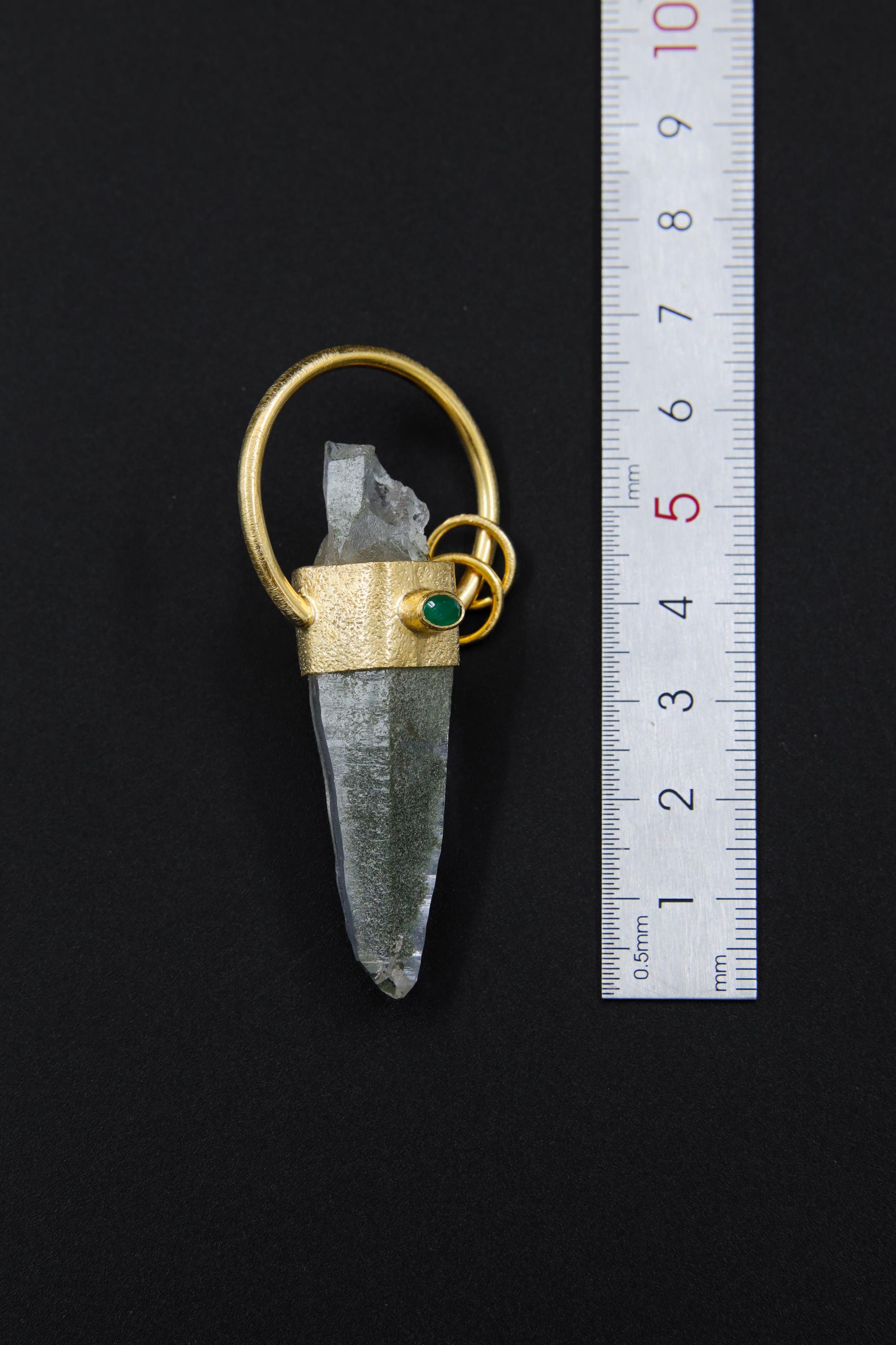 Self-Healed Lemurian Chlorite Quartz & Emerald Pendant, Sterling Silver Textured, Virgo Zodiac, Heart Chakra, Unique Gift, 18K Gold Plated