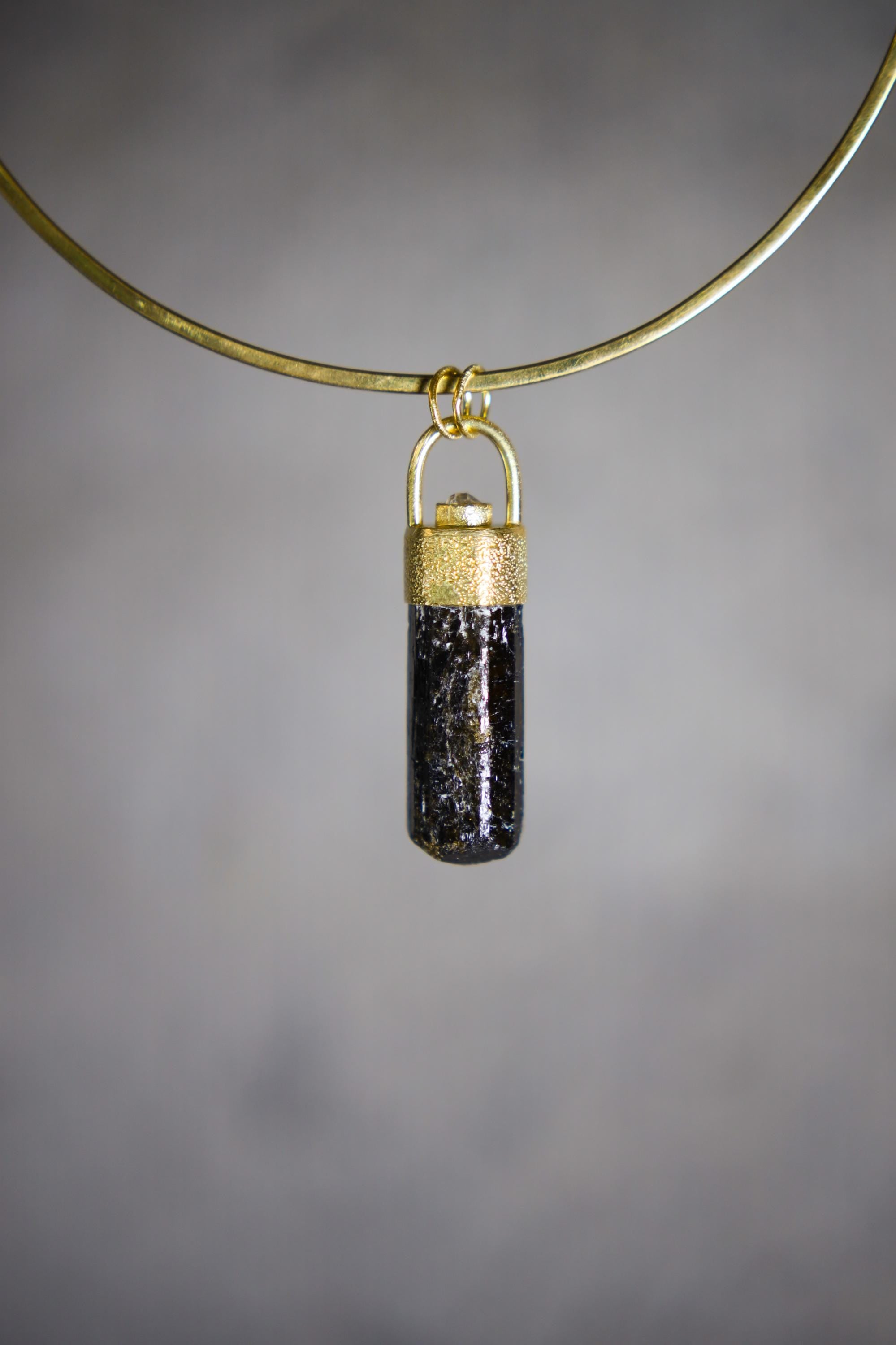 Himalayan Terminated Brown Dravite Tourmaline & Diamond Pendant, Sterling Silver, Sand Texture, 18K Gold-Plated, Unique Gift - NO/05