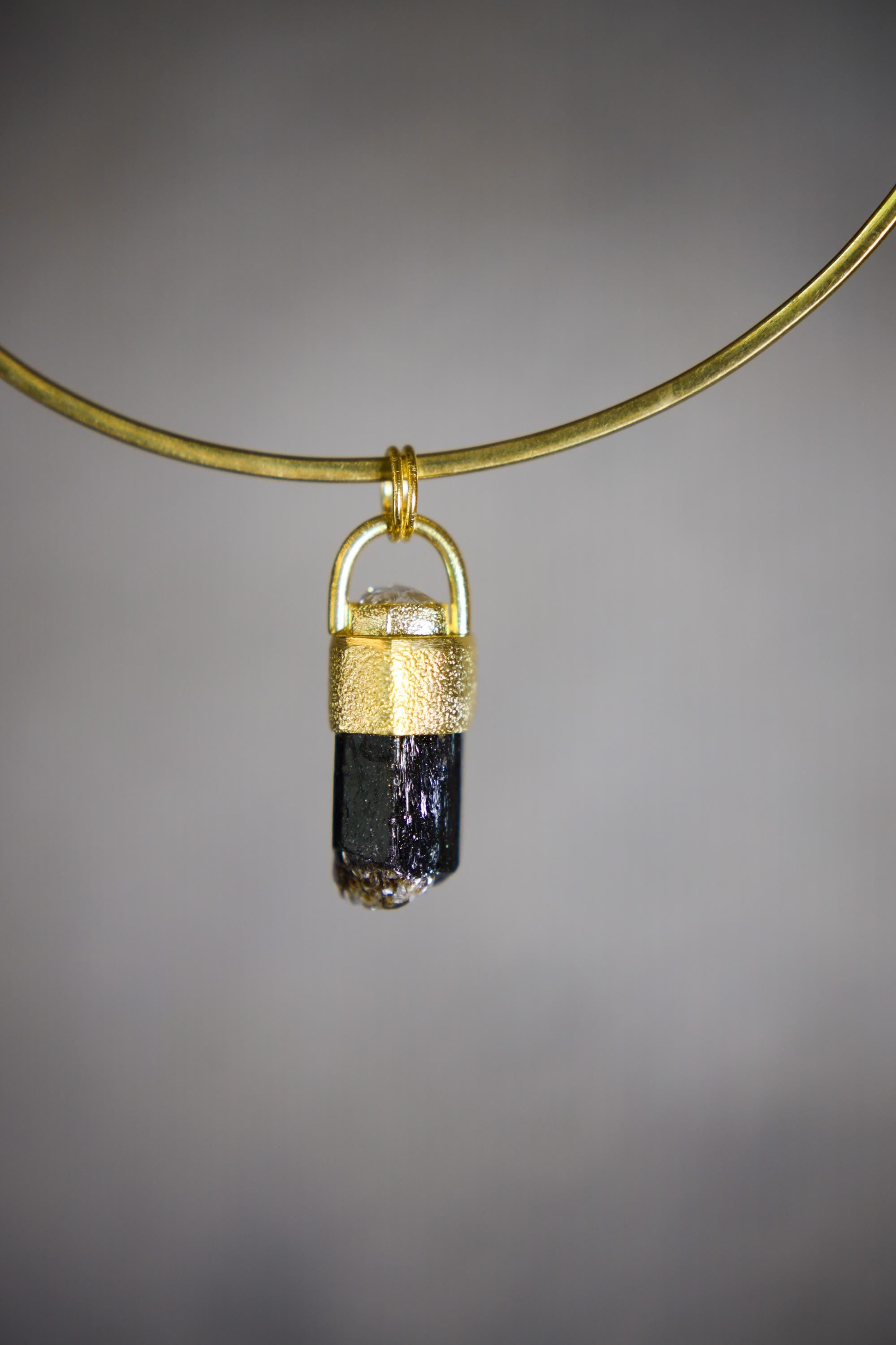 Himalayan Terminated Brown Dravite Tourmaline & Diamond Pendant, Sterling Silver, Sand Texture, 18K Gold-Plated, Unique Gift - NO/04