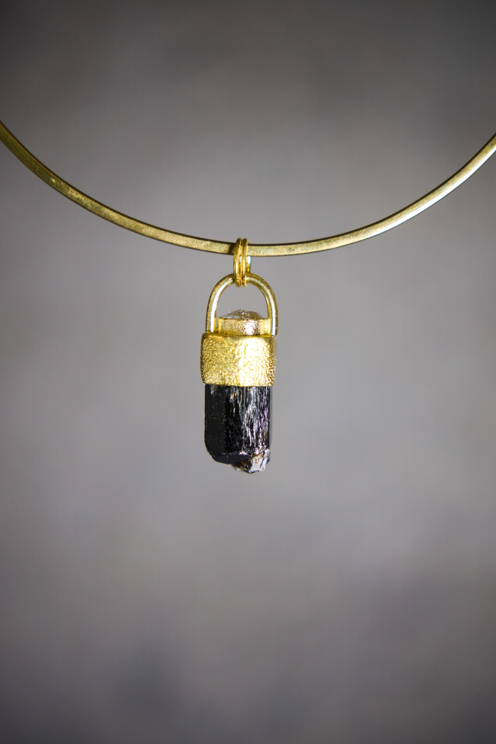 Himalayan Terminated Brown Dravite Tourmaline & Diamond Pendant, Sterling Silver, Sand Texture, 18K Gold-Plated, Unique Gift - NO/04