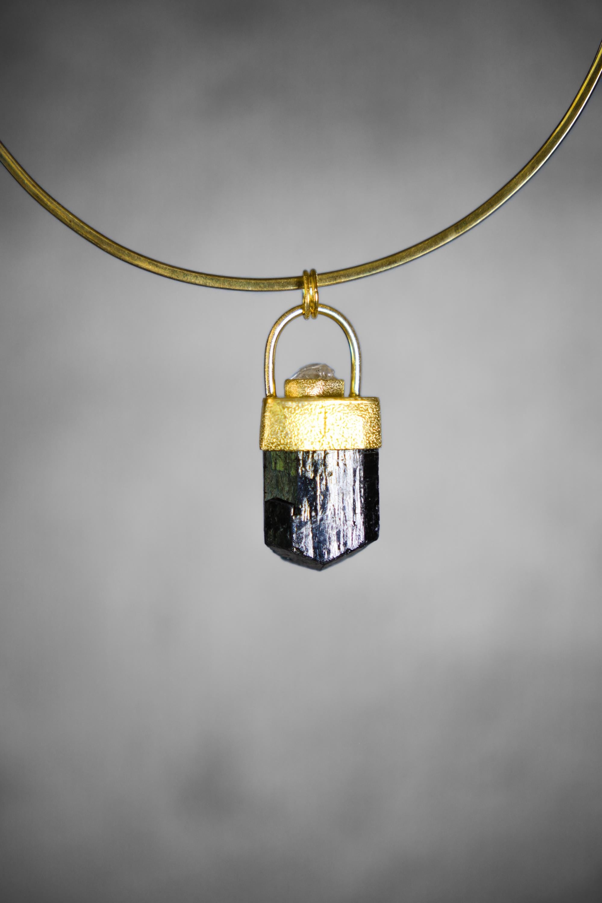 Grounding Brown Dravite Tourmaline & Diamond Necklace, Root Chakra, Textured Sterling Silver, 18K Gold-Plated, Unique Gift - NO/01