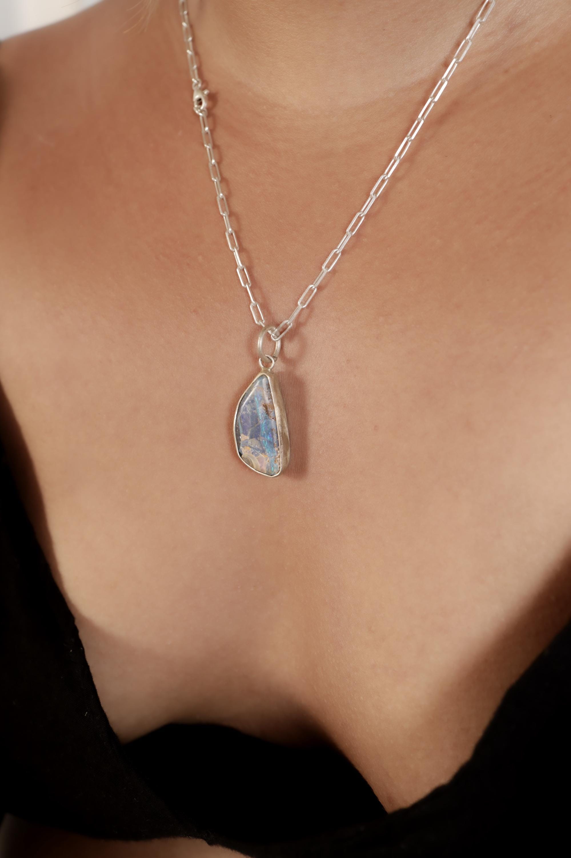 Australian Beach Landscape Precious Freeform Boulder Opal - Natural Solid Opal - Textured 925 Silver Setting - Crystal Pendant Neckpiece