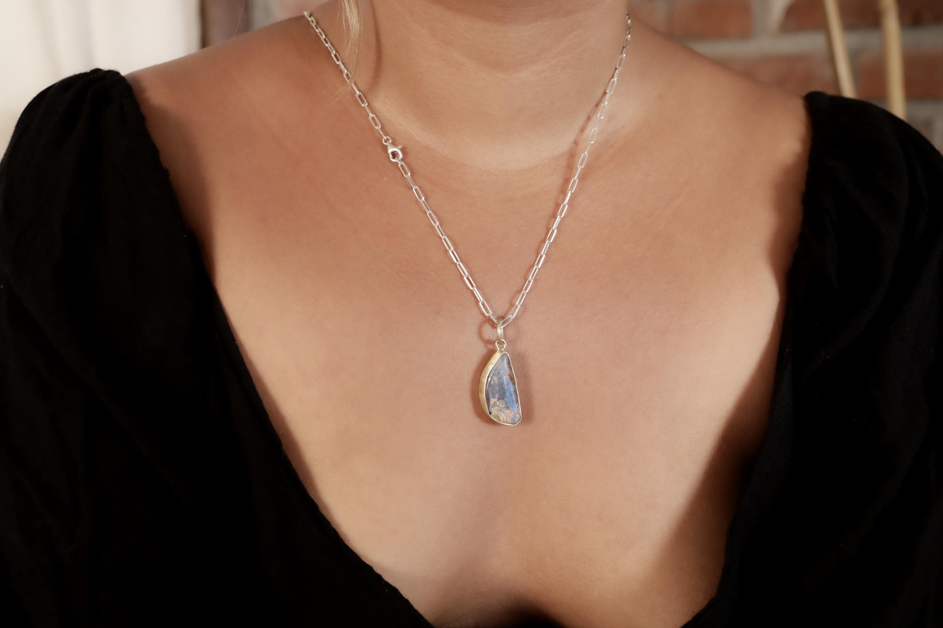 Australian Beach Landscape Precious Freeform Boulder Opal - Natural Solid Opal - Textured 925 Silver Setting - Crystal Pendant Neckpiece