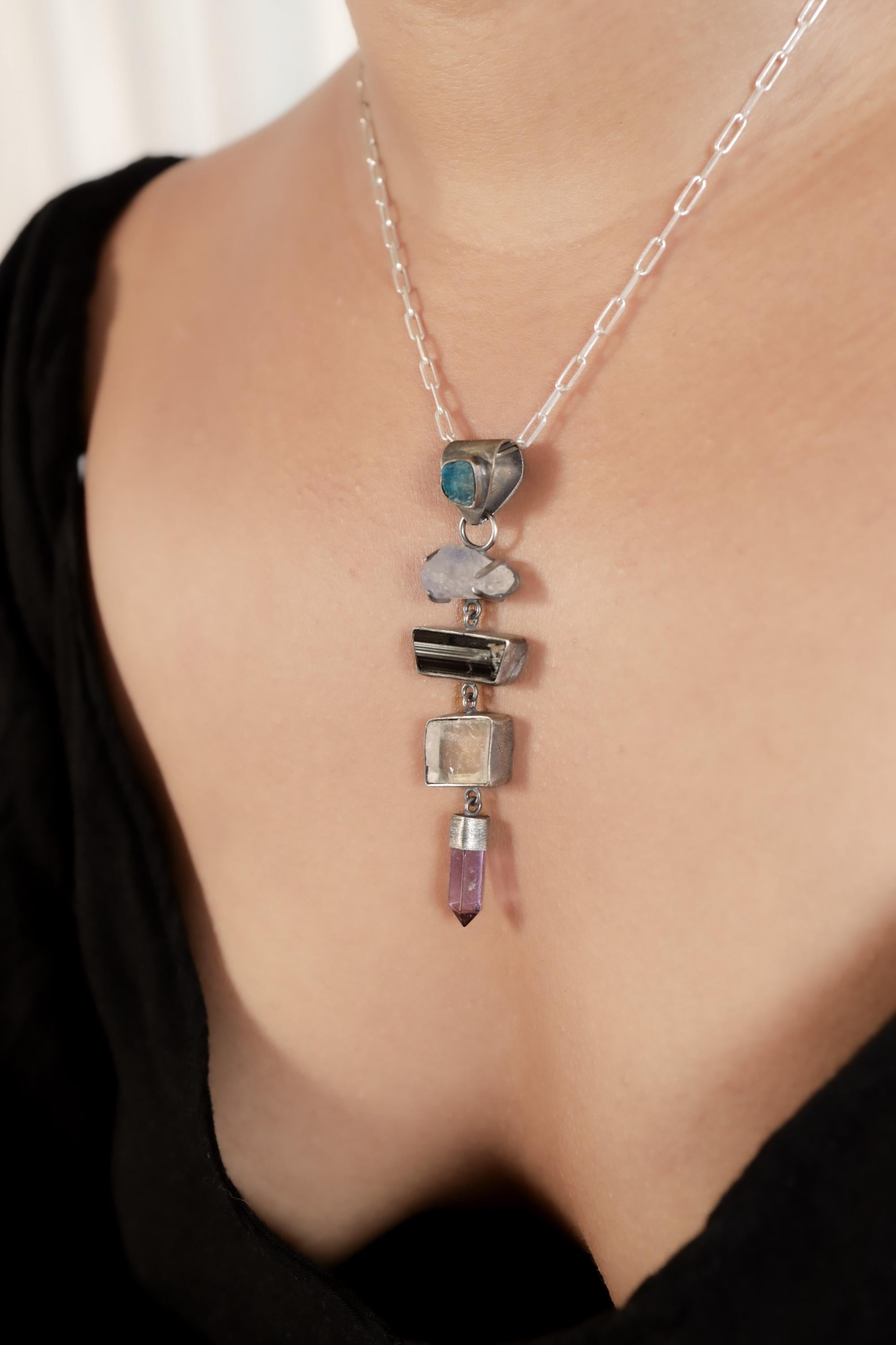 Blue Apatite, Tanzanite, Black Tourmaline, Selenite & Amethyst Zodiac Pendant, Oxidized Brushed Sterling Silver, Perfect Spiritual Gift