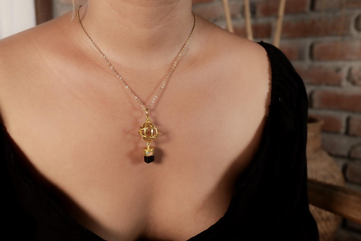 Himalayan Brown Tourmaline & Ethiopian Fiery Rainbow Opal Pendant, 18K Gold-Plated Sterling Silver, Birthstone, Libra Zodiac, Unique Gif