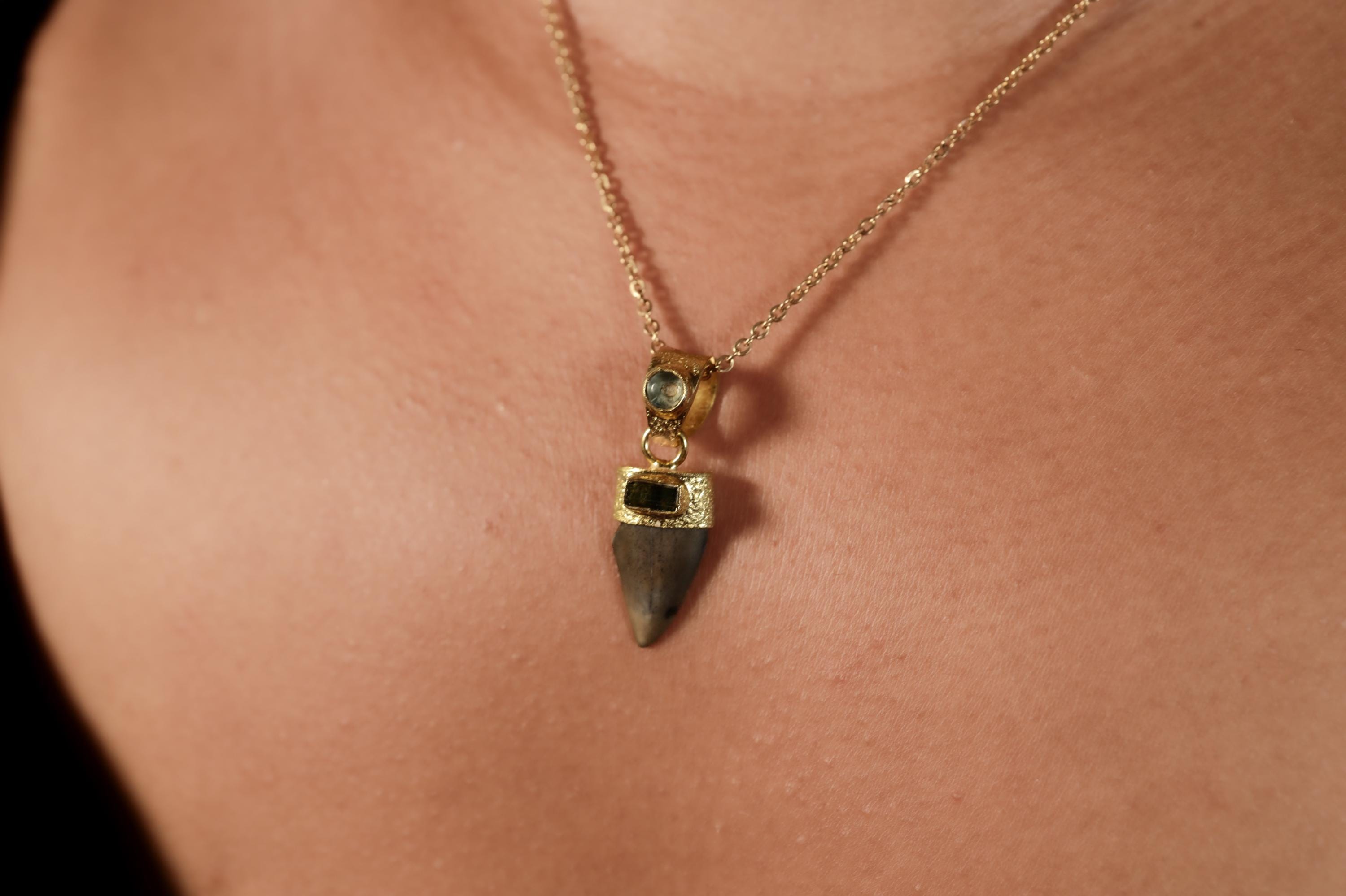 Ancient Megalodon Tooth Pendant with Raw Green Tourmaline & Aquamarine, 18K Gold-Plated Sterling Silver, Root Chakra, Unique Gift - NO/02