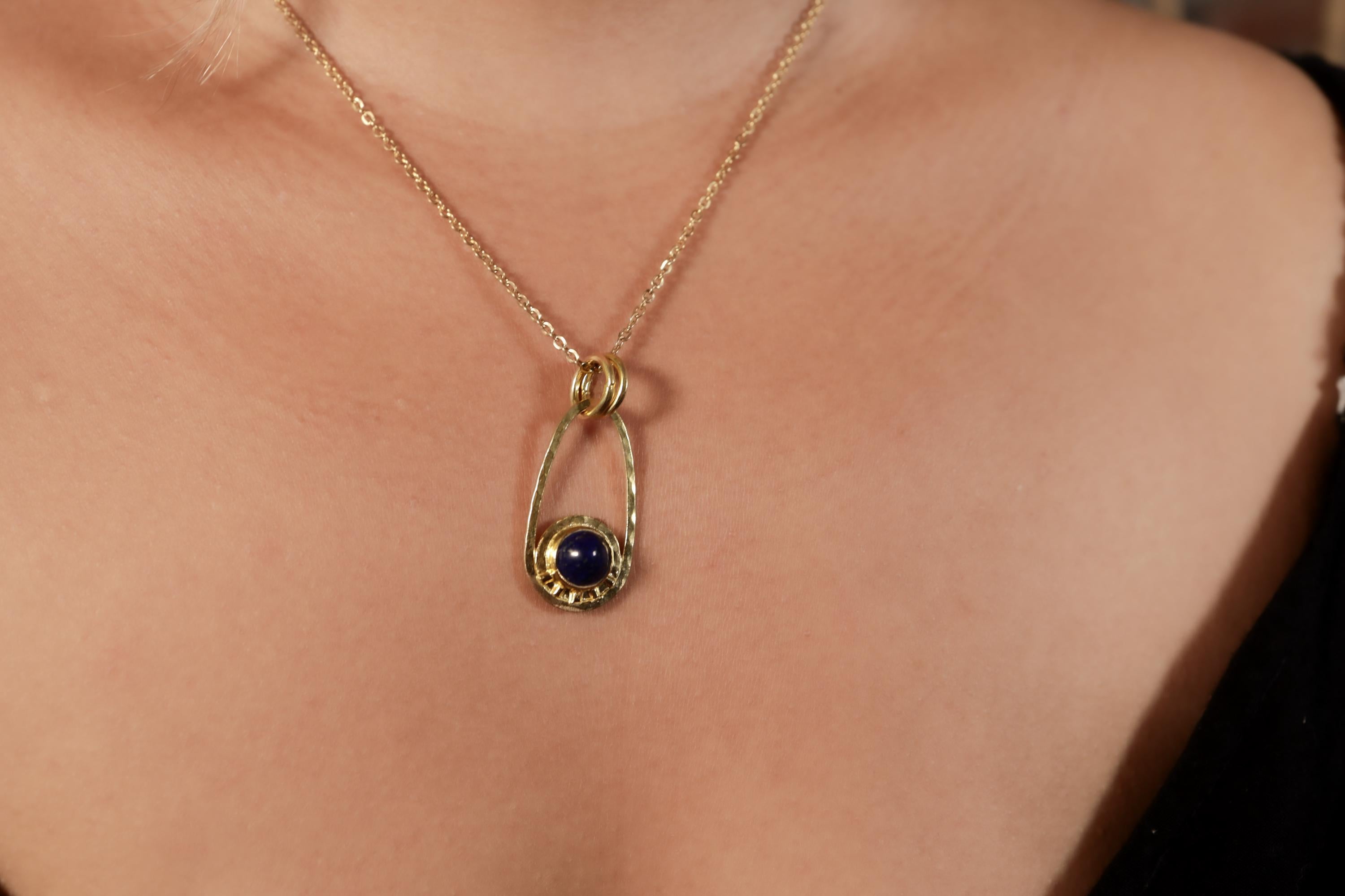 Round Lapis Lazuli Cab Pendant, Textured Sterling Silver, Sun & Moon Design, Throat Chakra, Sagittarius Zodiac, Unique Gift, 18K Gold Plated