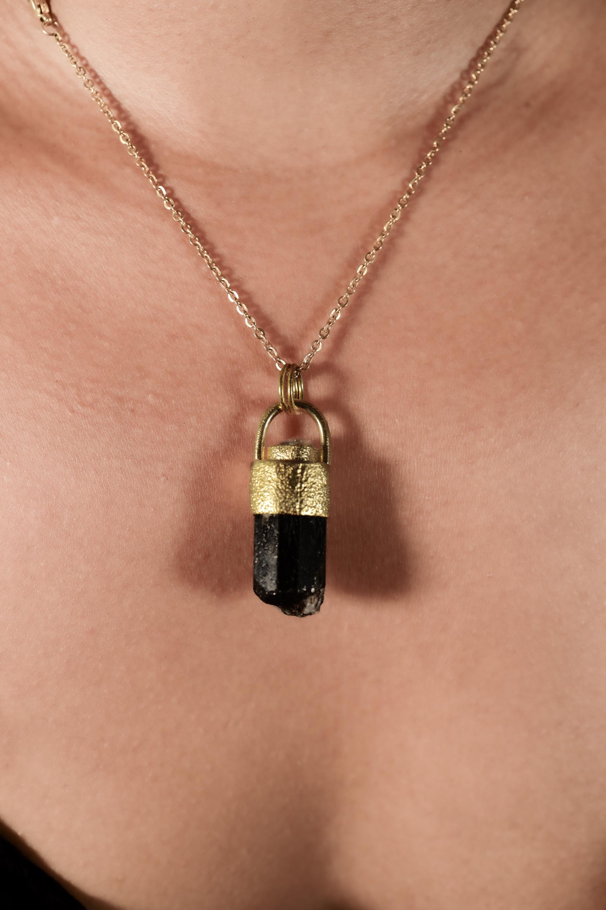 Himalayan Terminated Brown Dravite Tourmaline & Diamond Pendant, Sterling Silver, Sand Texture, 18K Gold-Plated, Unique Gift - NO/04