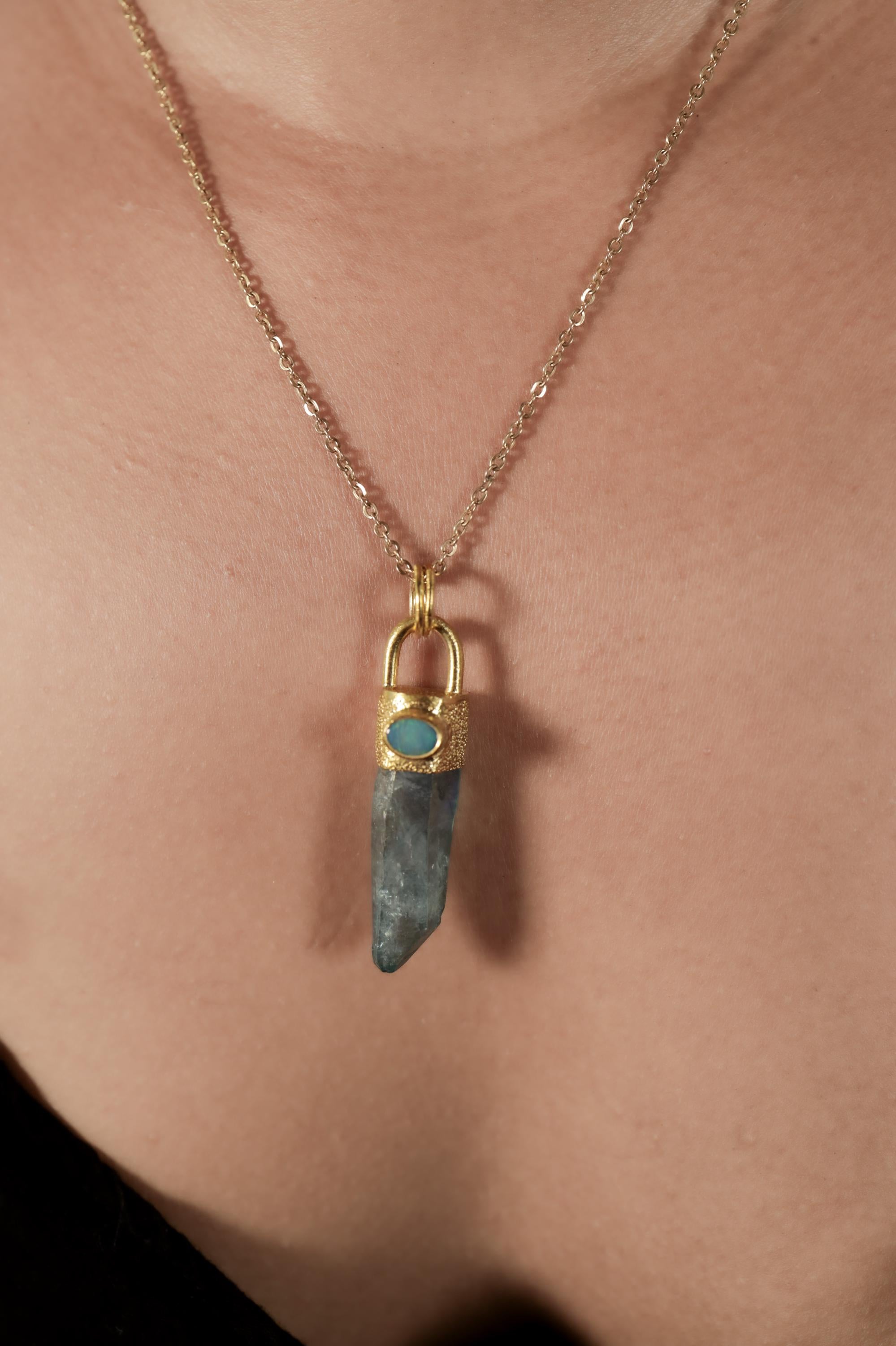 Aqua Aura Quartz & Australian Opal Doublet Pendant, 18K Gold-Plated Sterling Silver, Crown Chakra Jewelry, Unique Gift, Birthstone - NO/05