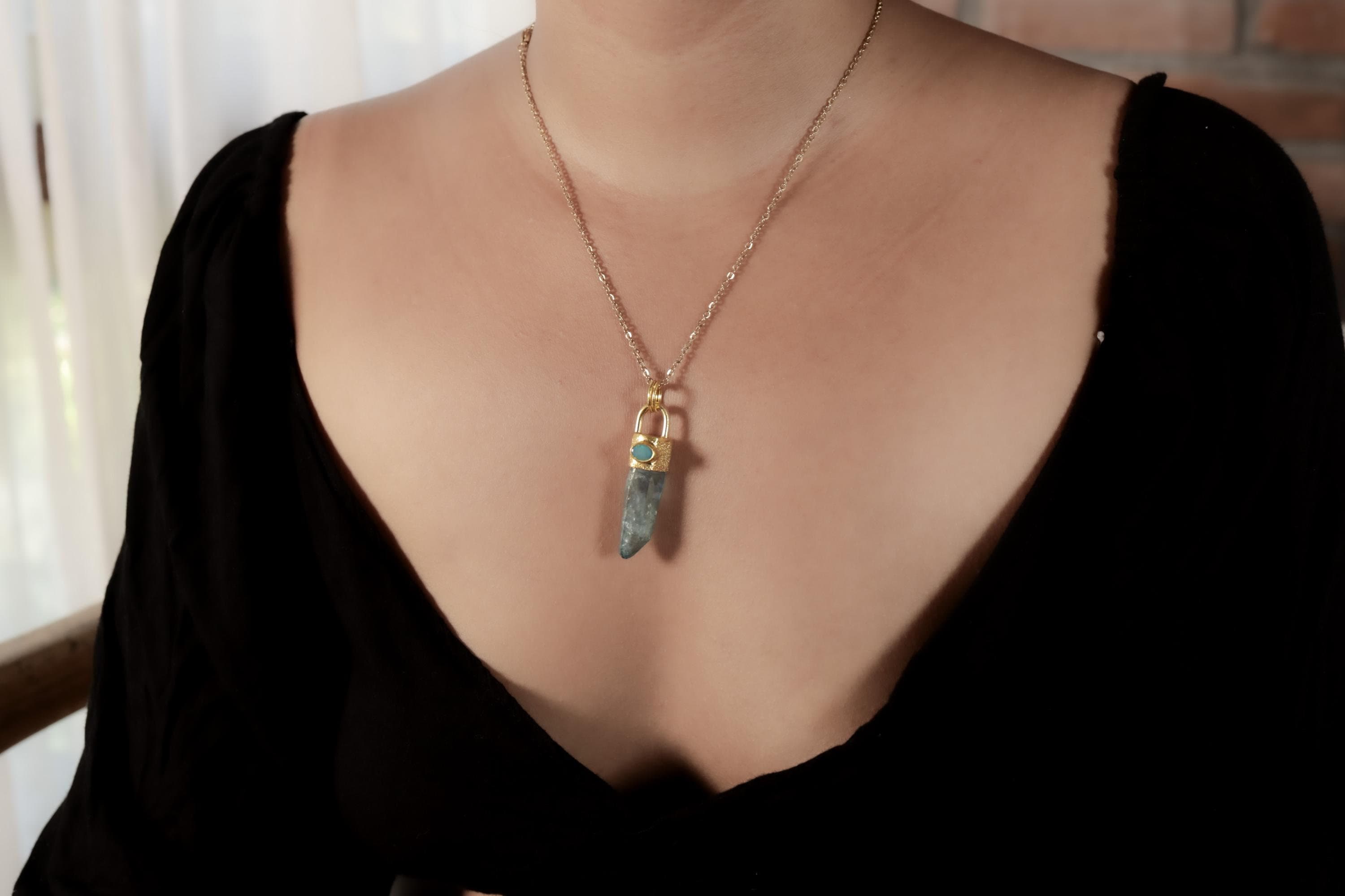 Aqua Aura Quartz & Australian Opal Doublet Pendant, 18K Gold-Plated Sterling Silver, Crown Chakra Jewelry, Unique Gift, Birthstone - NO/05