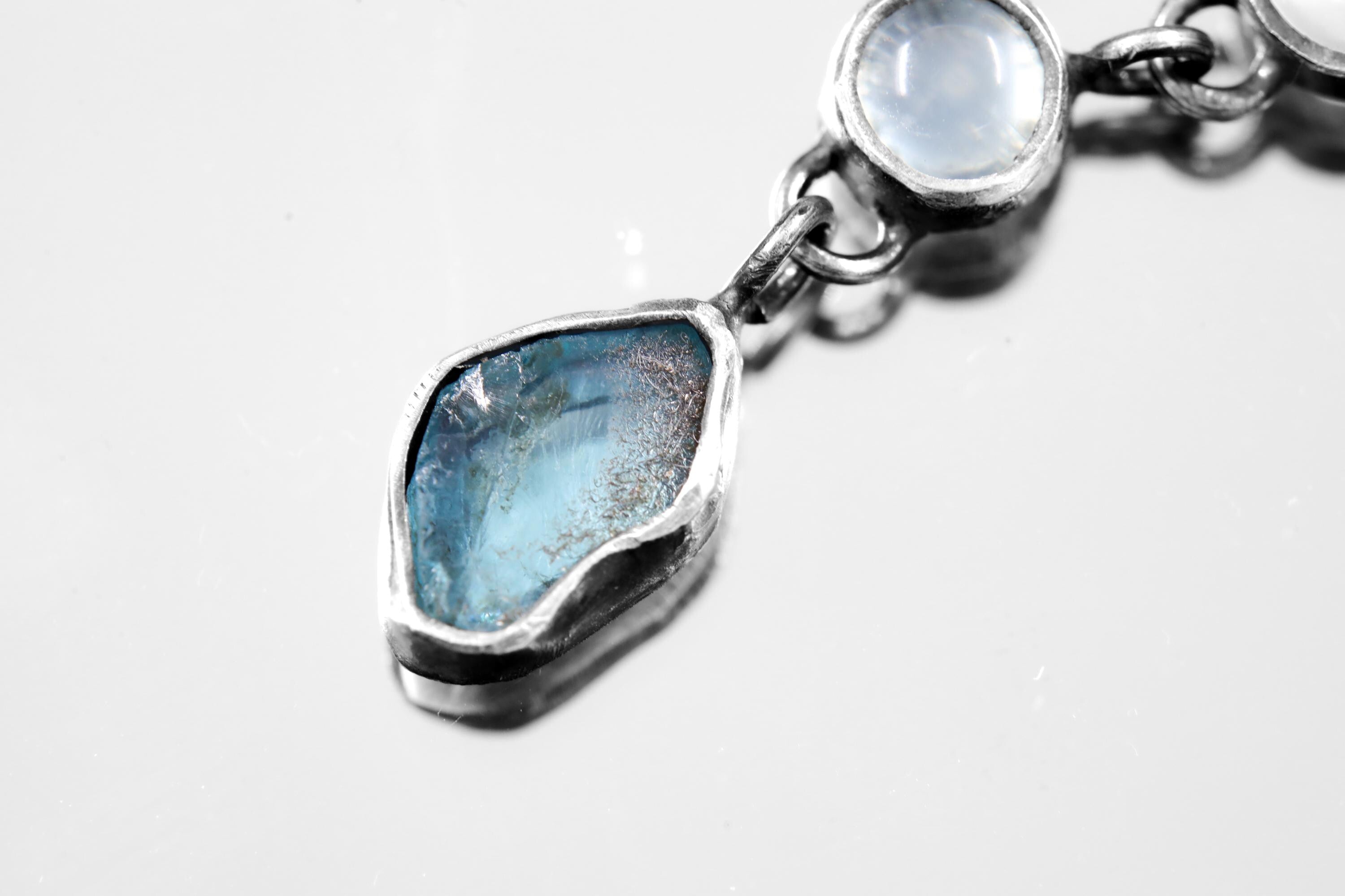 Long Square Opal, Round Aquamarine & Raw Blue Apatite Necklace, Sterling Silver, Throat Chakra, Zodiac Pisces, Unique Gift