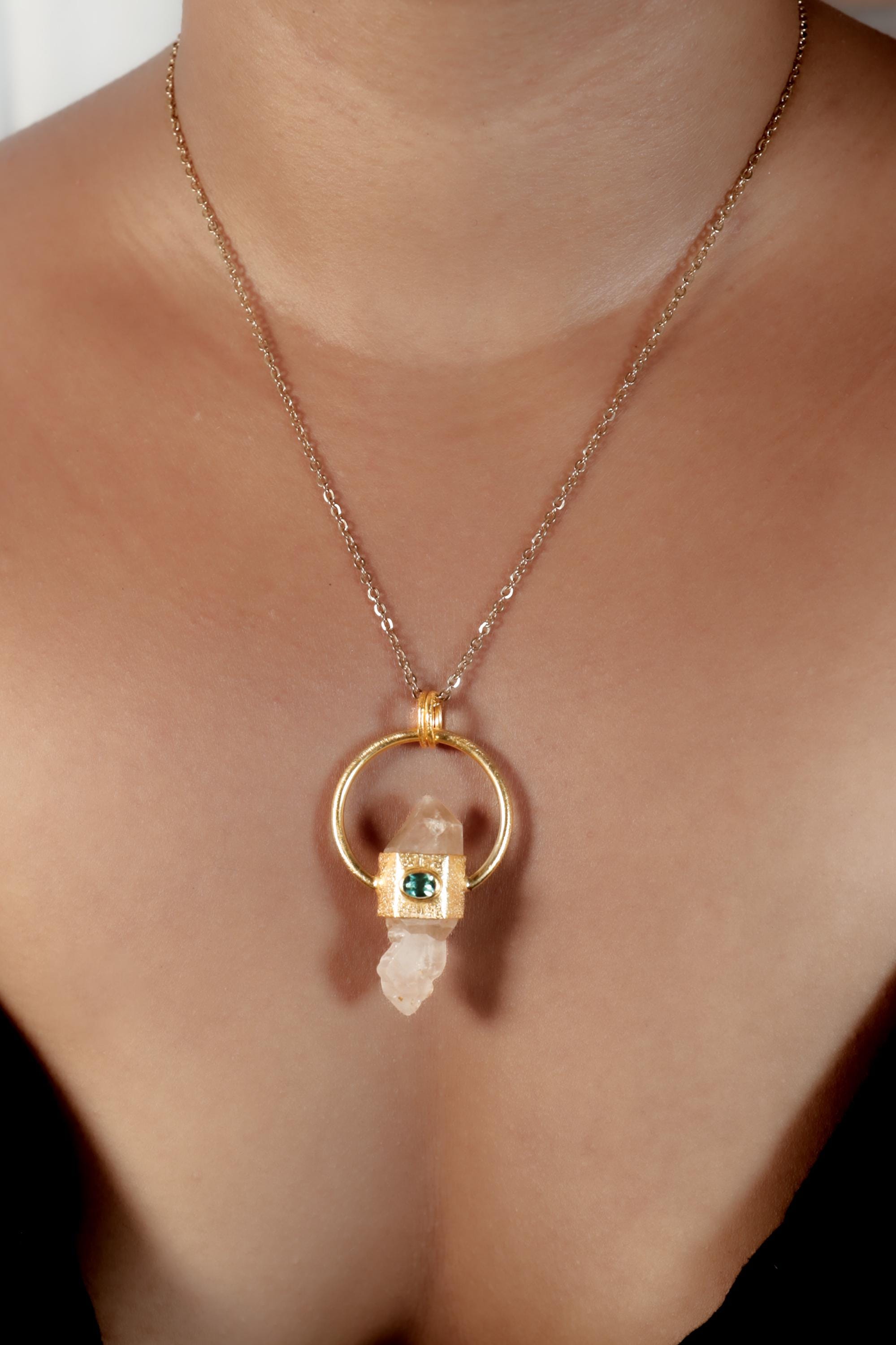 Himalayan Double Terminated Skeletal Quartz & Faceted Emerald Pendant, Sterling Silver Textured, 18K Gold Plated, Virgo Zodiac, Unique Gift