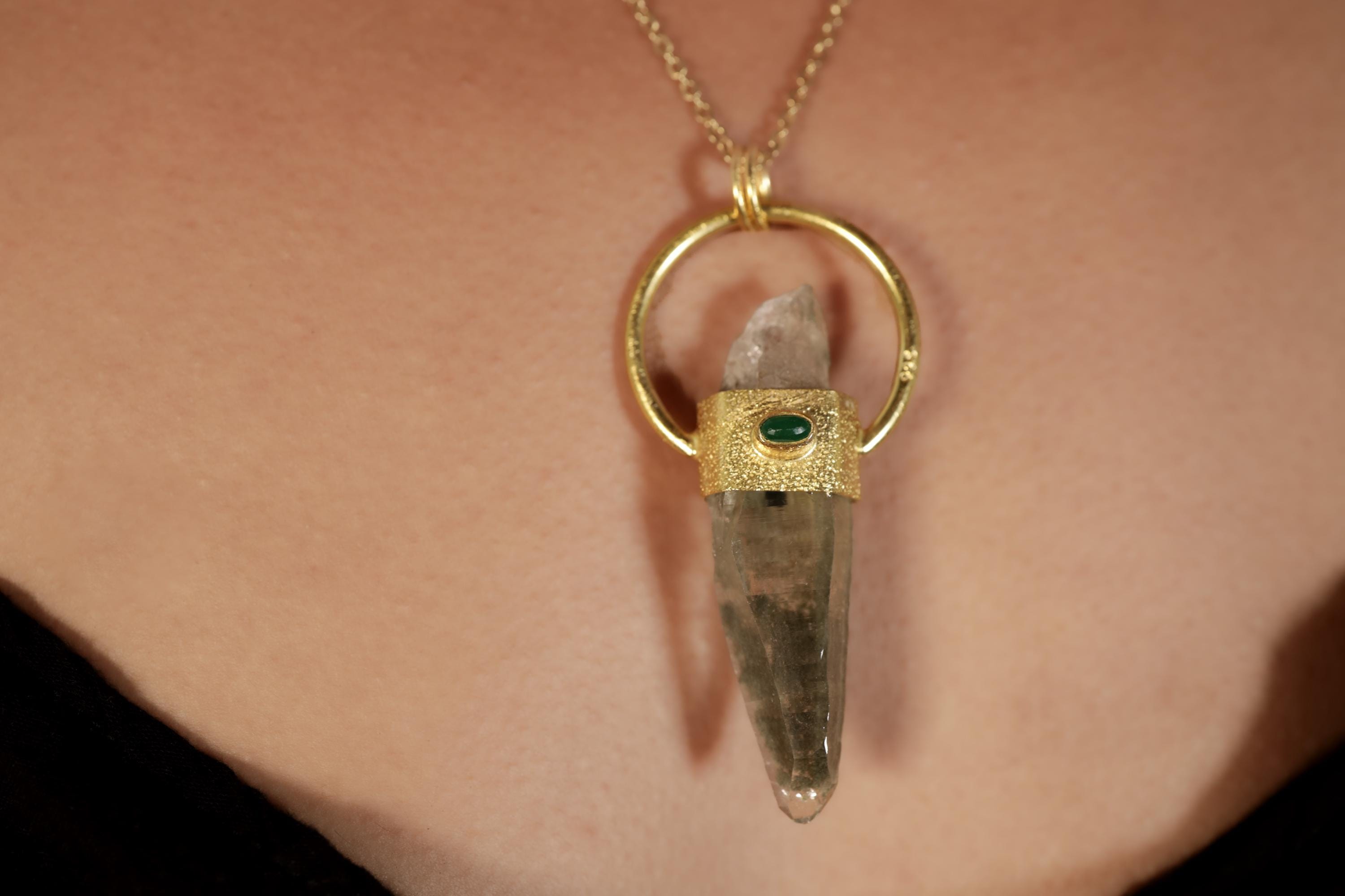 Self-Healed Lemurian Chlorite Quartz & Emerald Pendant, Sterling Silver Textured, Virgo Zodiac, Heart Chakra, Unique Gift, 18K Gold Plated