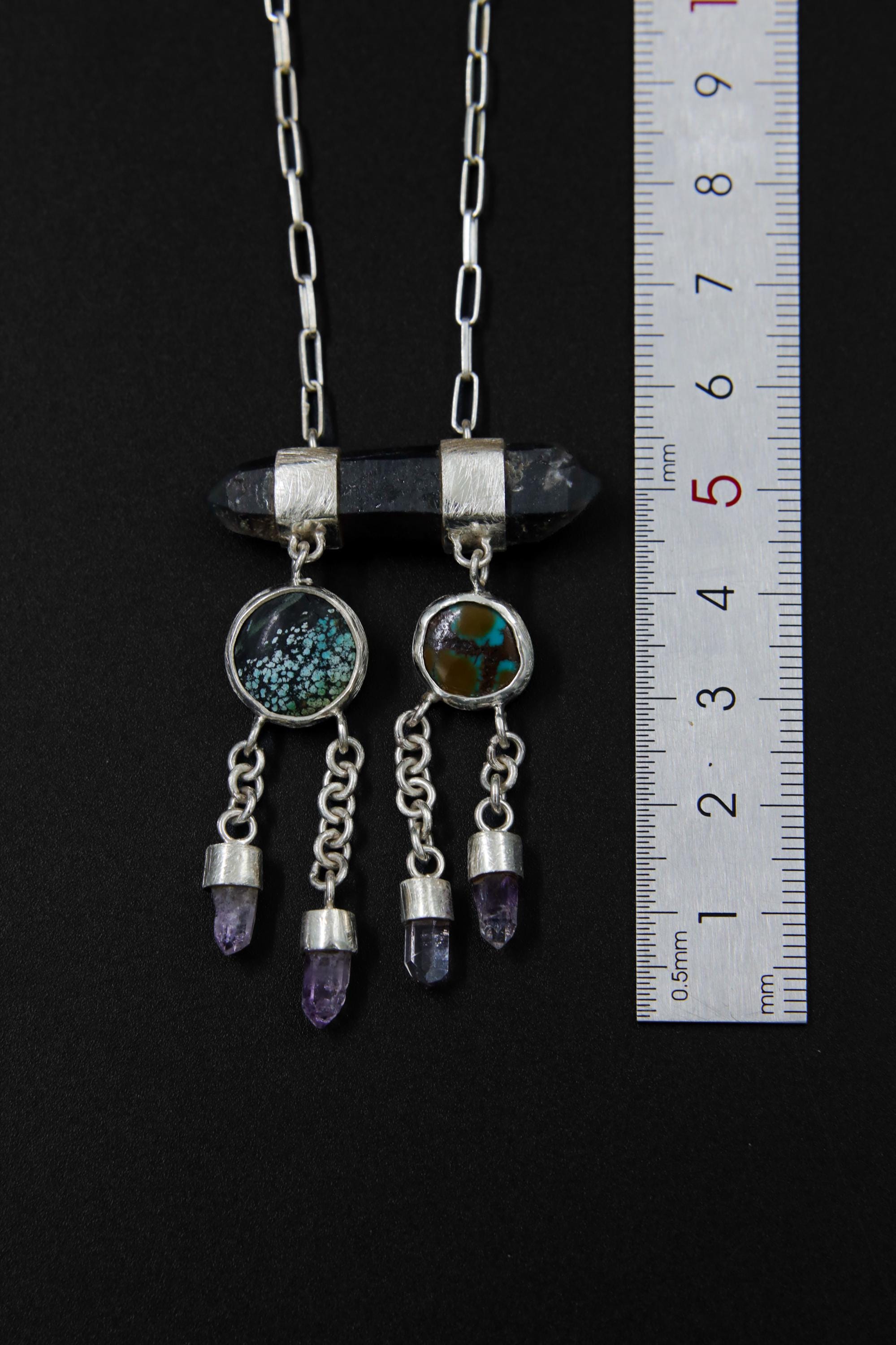 Smoky Quartz & Turquoise Dreamcatcher Pendant, Sterling Silver, Brushed Finish, Vera Cruz Amethyst Drops, Grounding Energy Necklace