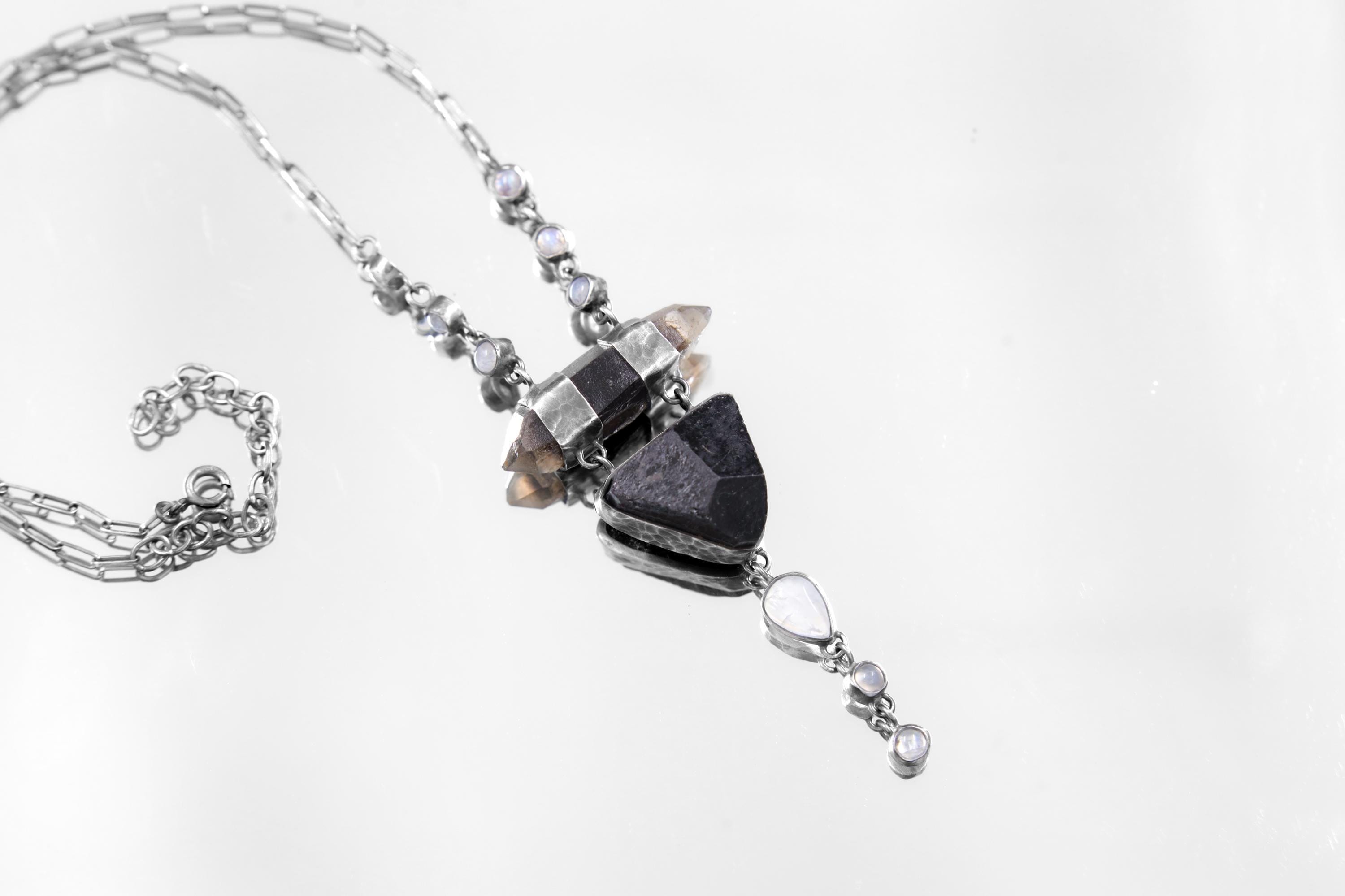 Raw Smokey Citrine Phantom Quartz, Blue Moonstone & Brown Dravite Tourmaline Necklace, Sterling Silver, Oxidized, Crown Chakra, Unique Gift