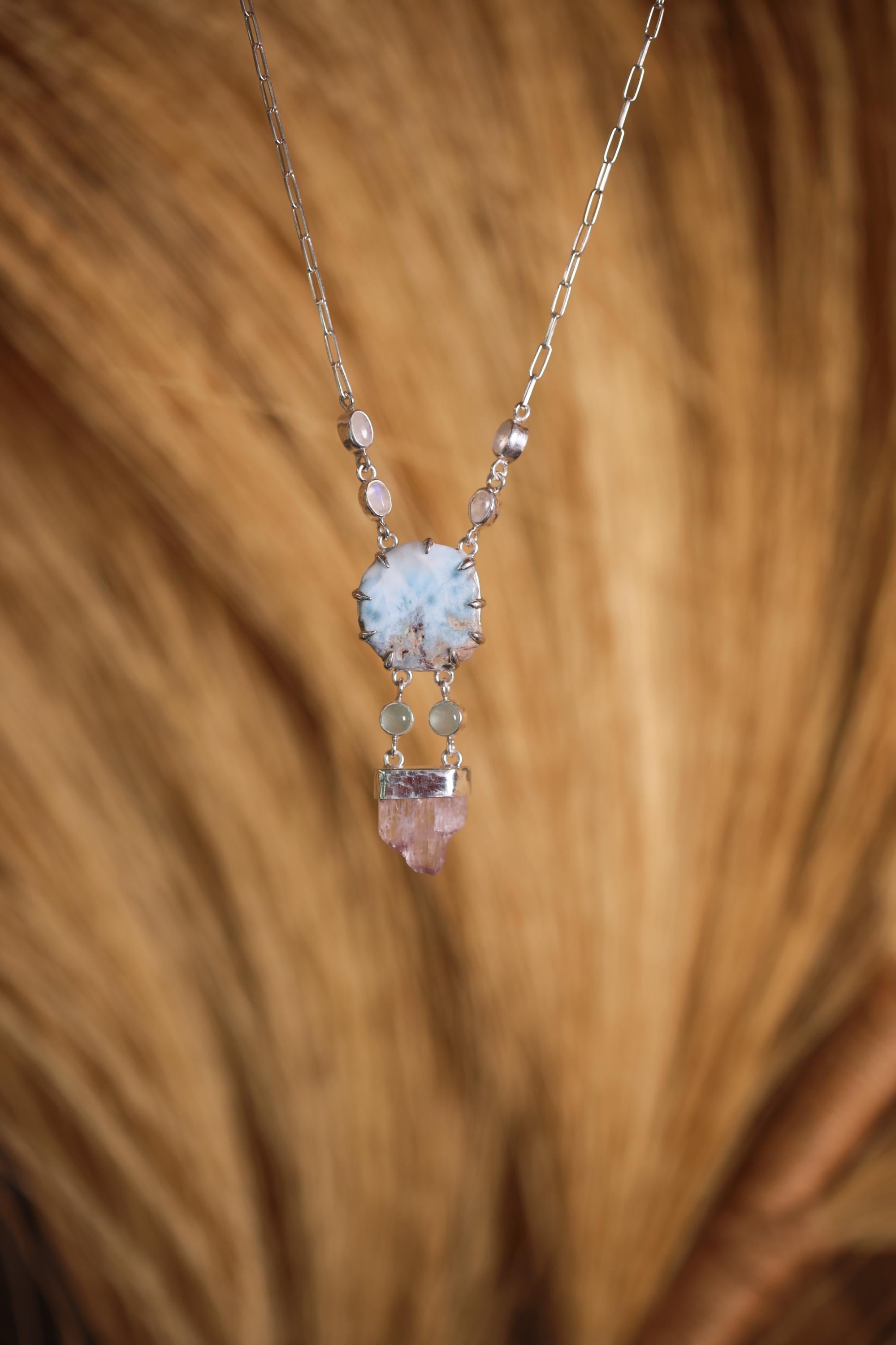 Larimar & Kunzite Pendant, Atlantis Stone Jewelry, Sterling Silver, Lemurian Energy Necklace, Ancient Light Seeker, Gift for a Visionary