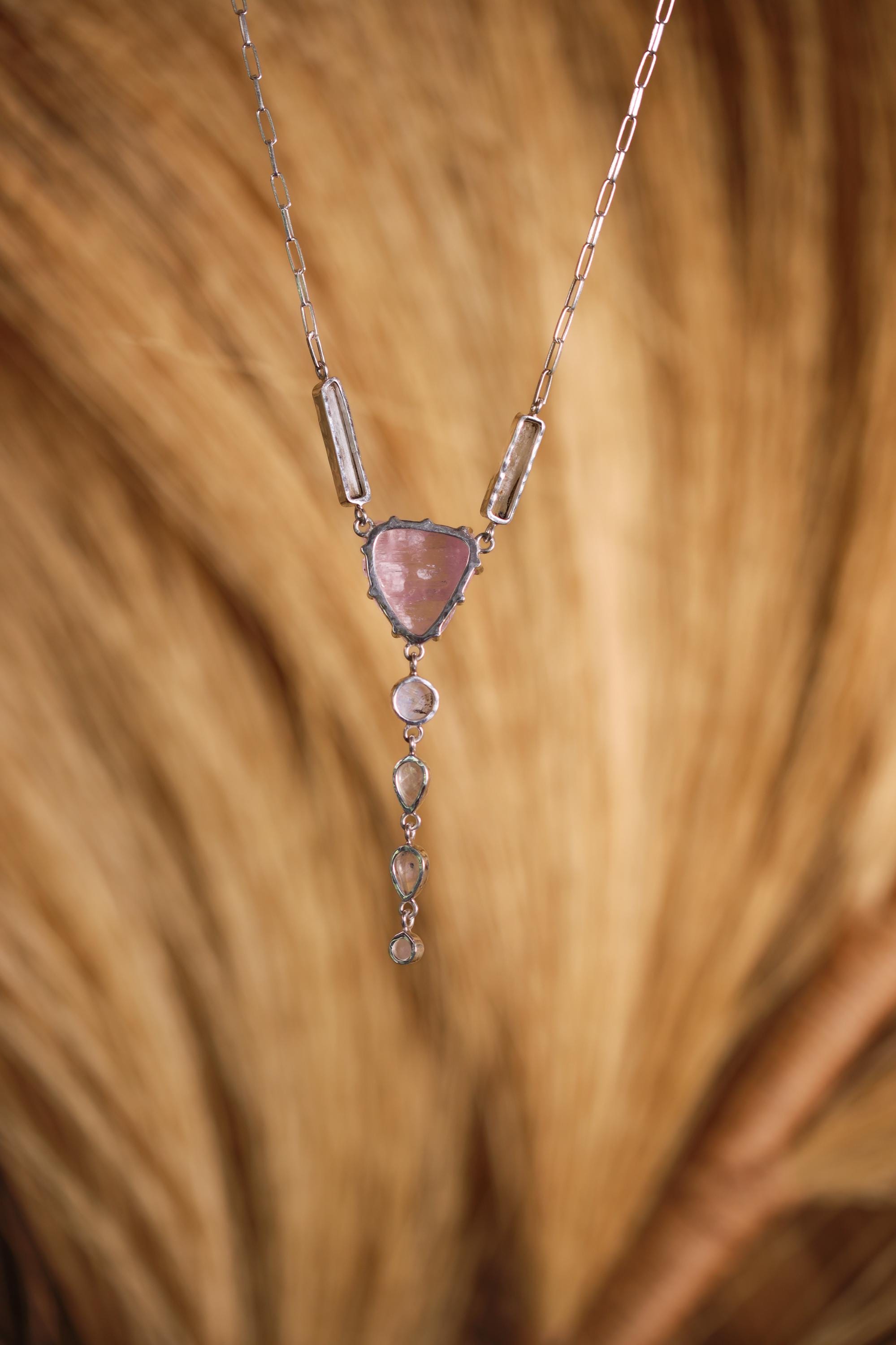 Pink Kunzite, Aquamarine & Blue Moonstone Pendant, Shiny Sterling Silver, Heart and Throat Chakra, Unique Gift