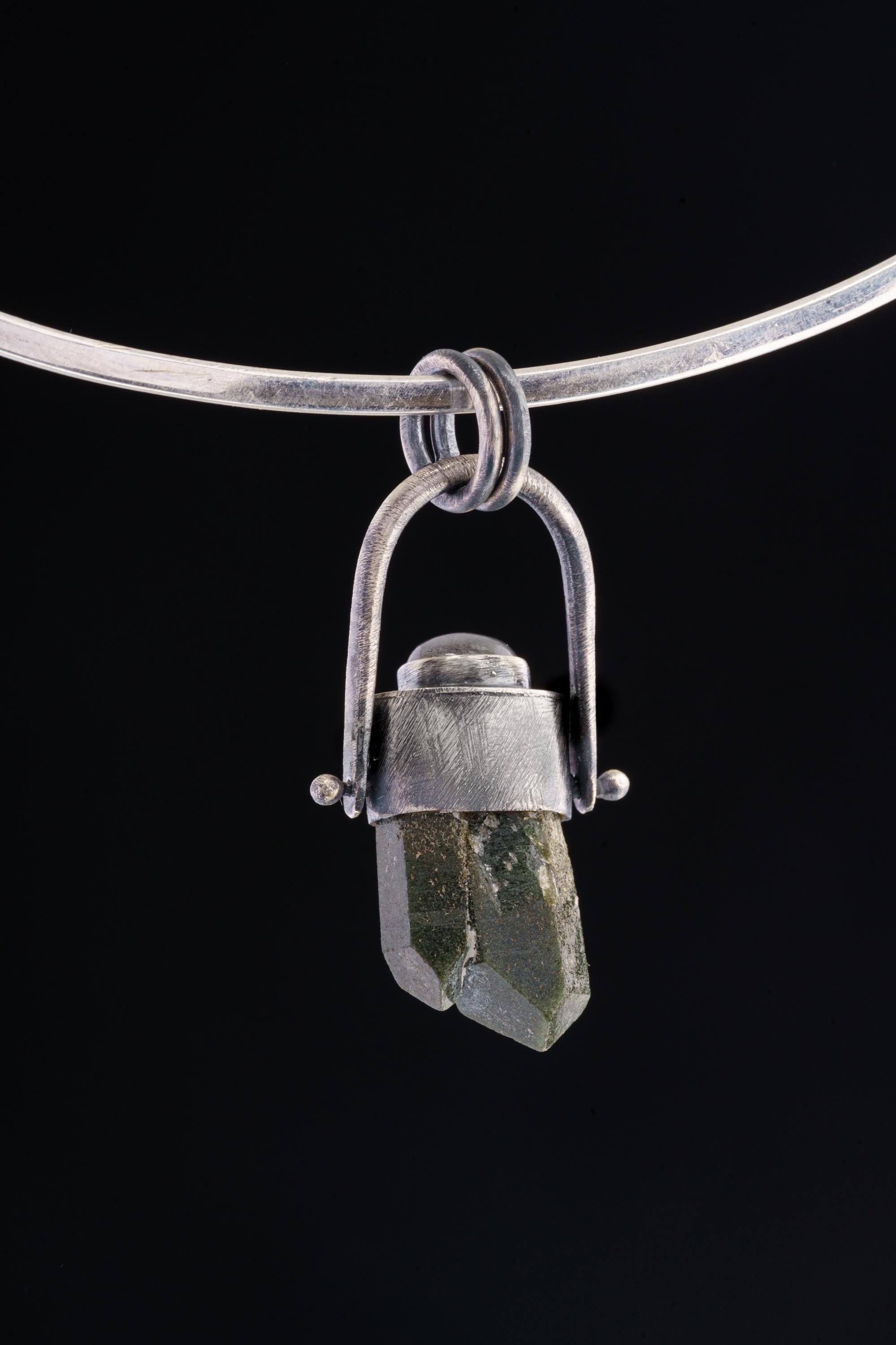 Labradorite and Twin Himalayan Chlorite Phantom Quartz - Oxidized & Brushed Pendant - Sterling Silver Set - Spinning Crystal Necklace